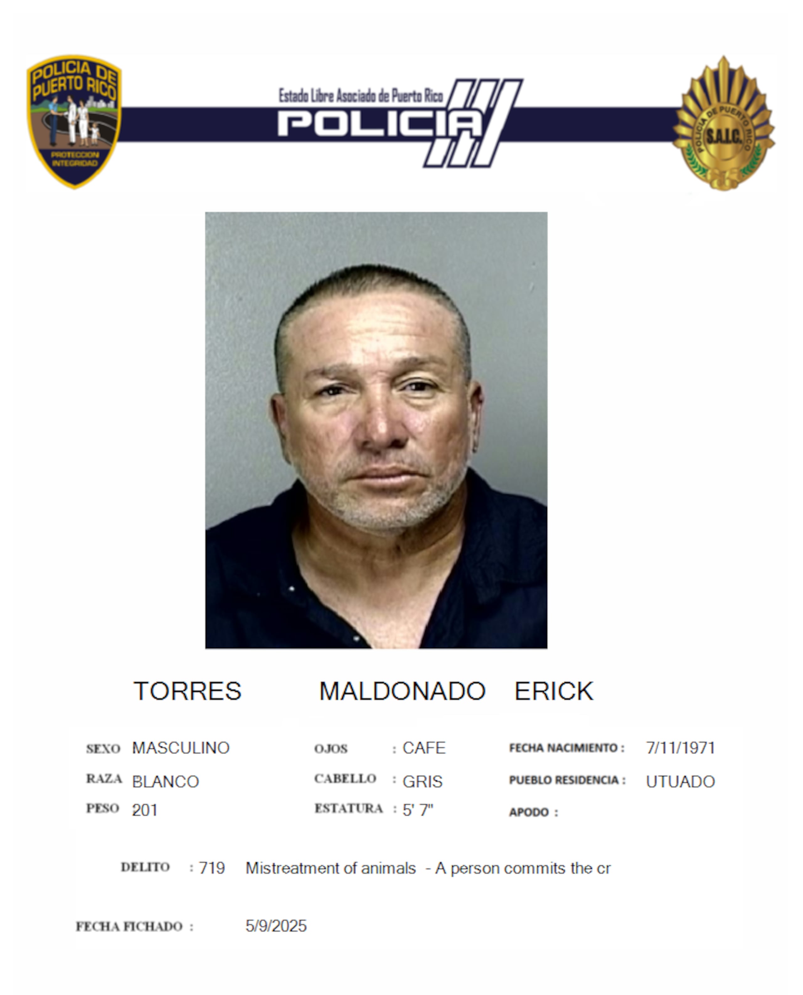 Erick Torres Maldonado, enfrenta cargos por amenaza, agresión y maltrato de animales.