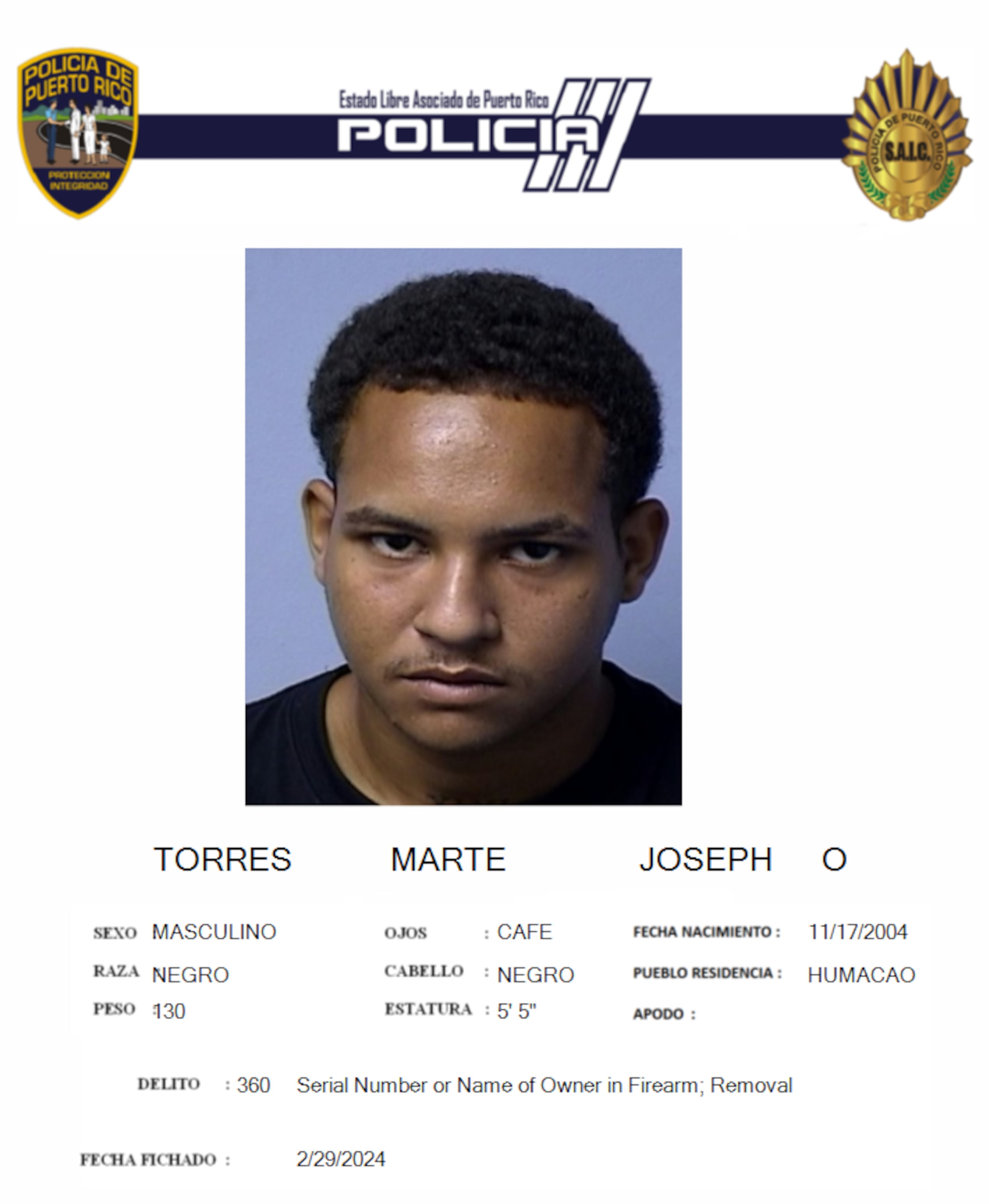 Joseph O. Torres Martes tenía expediente criminal por armas.