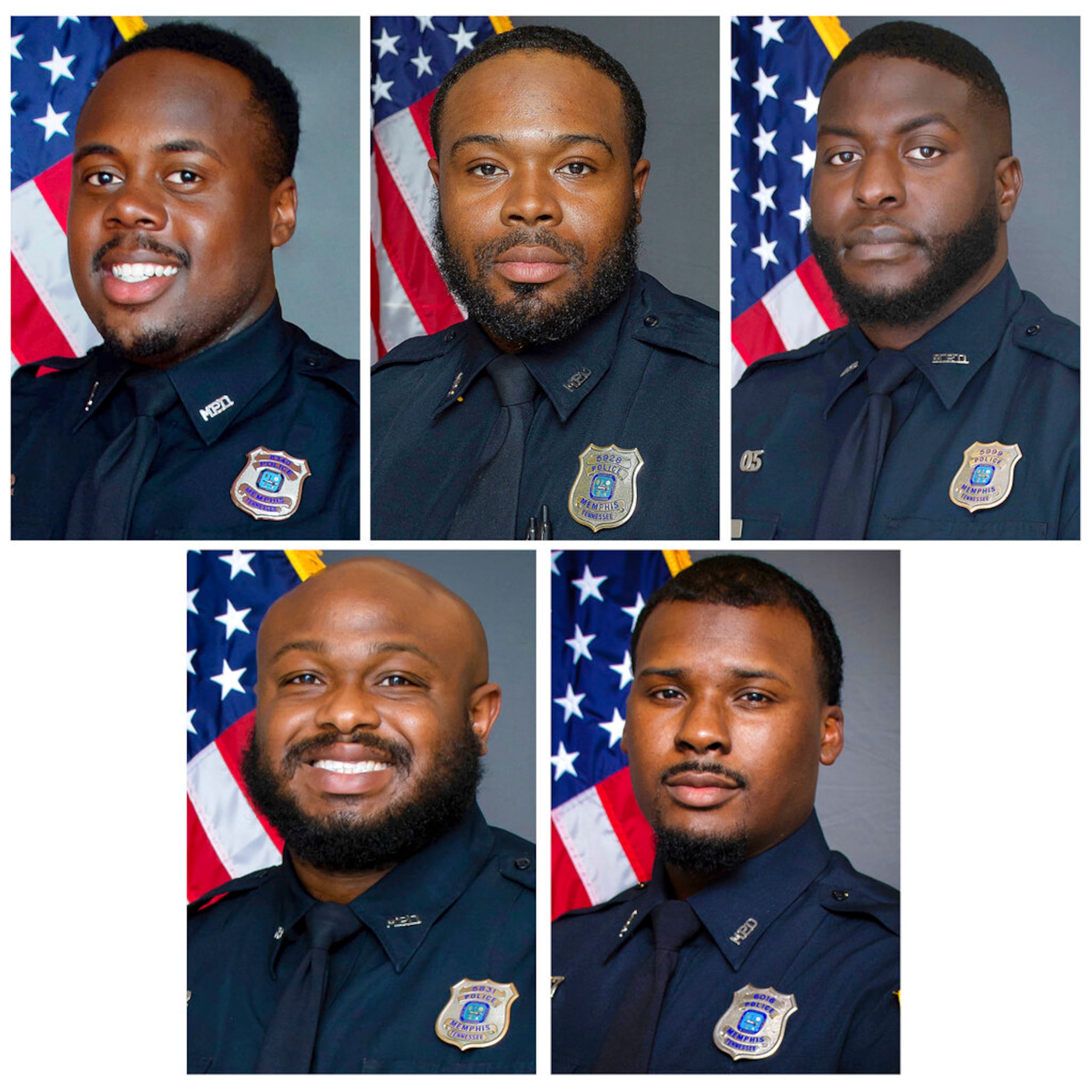 De izquierda a derecha en la fila superior, a los policías Tadarrius Bean, Demetrius Haley, Emmitt Martin III, y desde la izquierda en la fila inferior, a Desmond Mills, Jr. y Justin Smith, hallados culpables por la fatal golpiza a Tyre Nichols.
