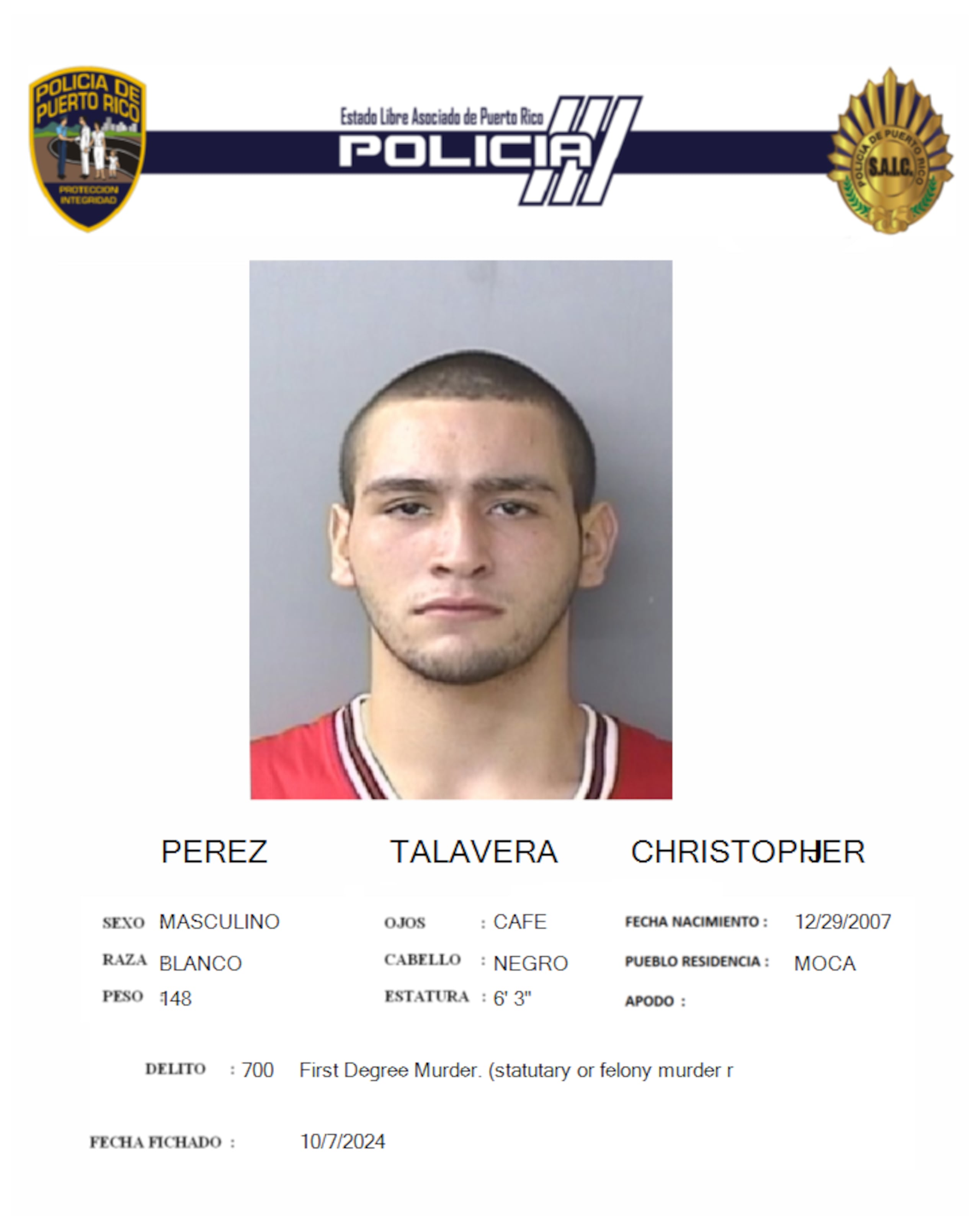 Christopher Pérez Talavera enfrenta cargos por asesinato, tentativa de asesinato y violación a la Ley de Armas.