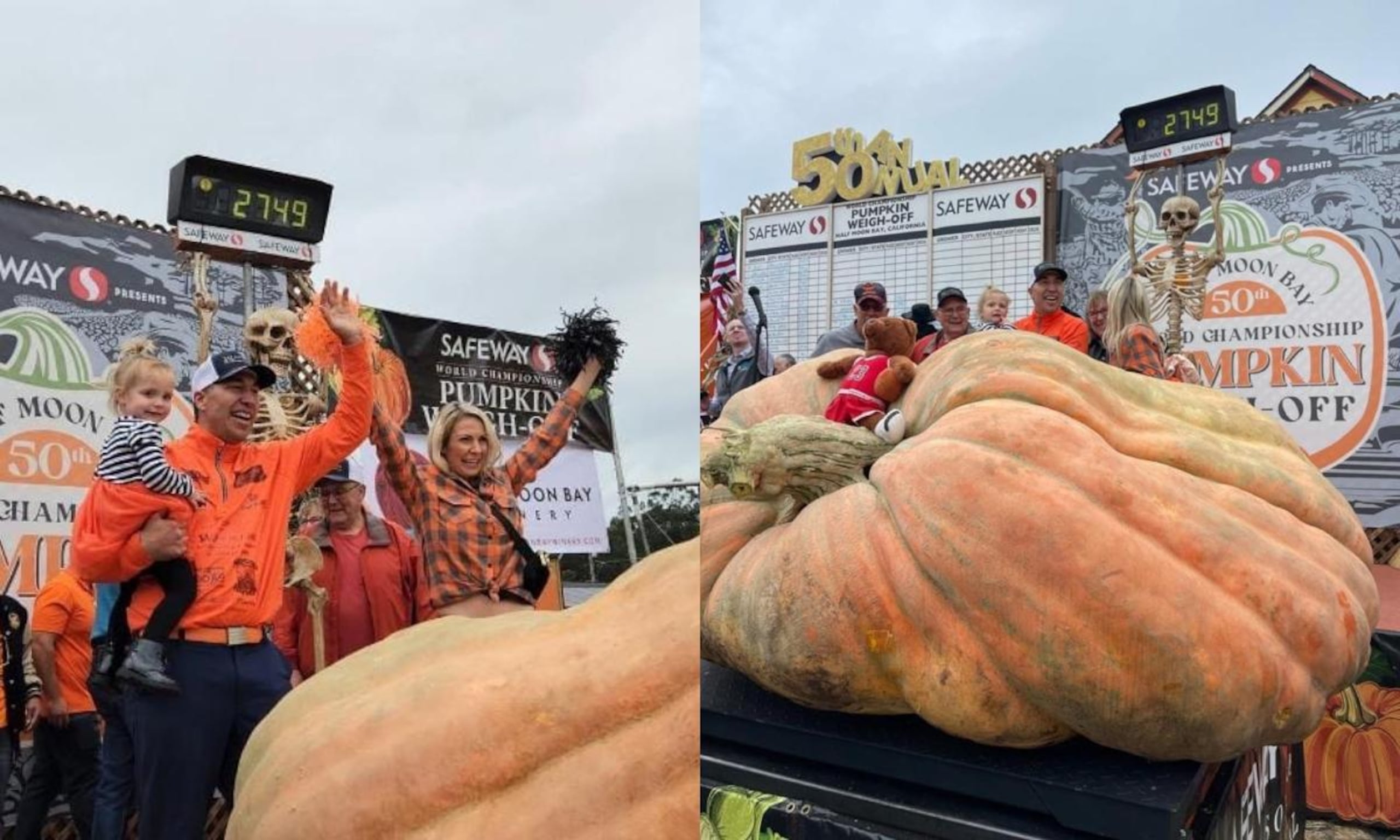 La calabaza más grande del mundo se cultivó en California y pesó 2,749 libras.