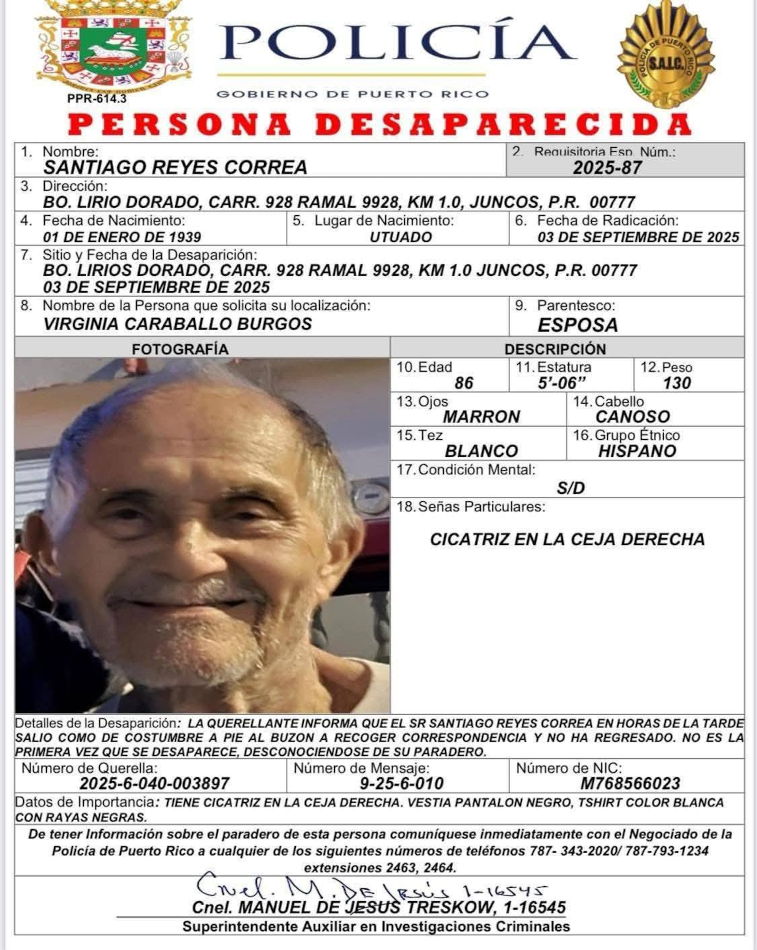 Santiago Reyes Correa, de 86 años, fue encontrado muerto el 25 de mayo en Juncos. (Archivo)