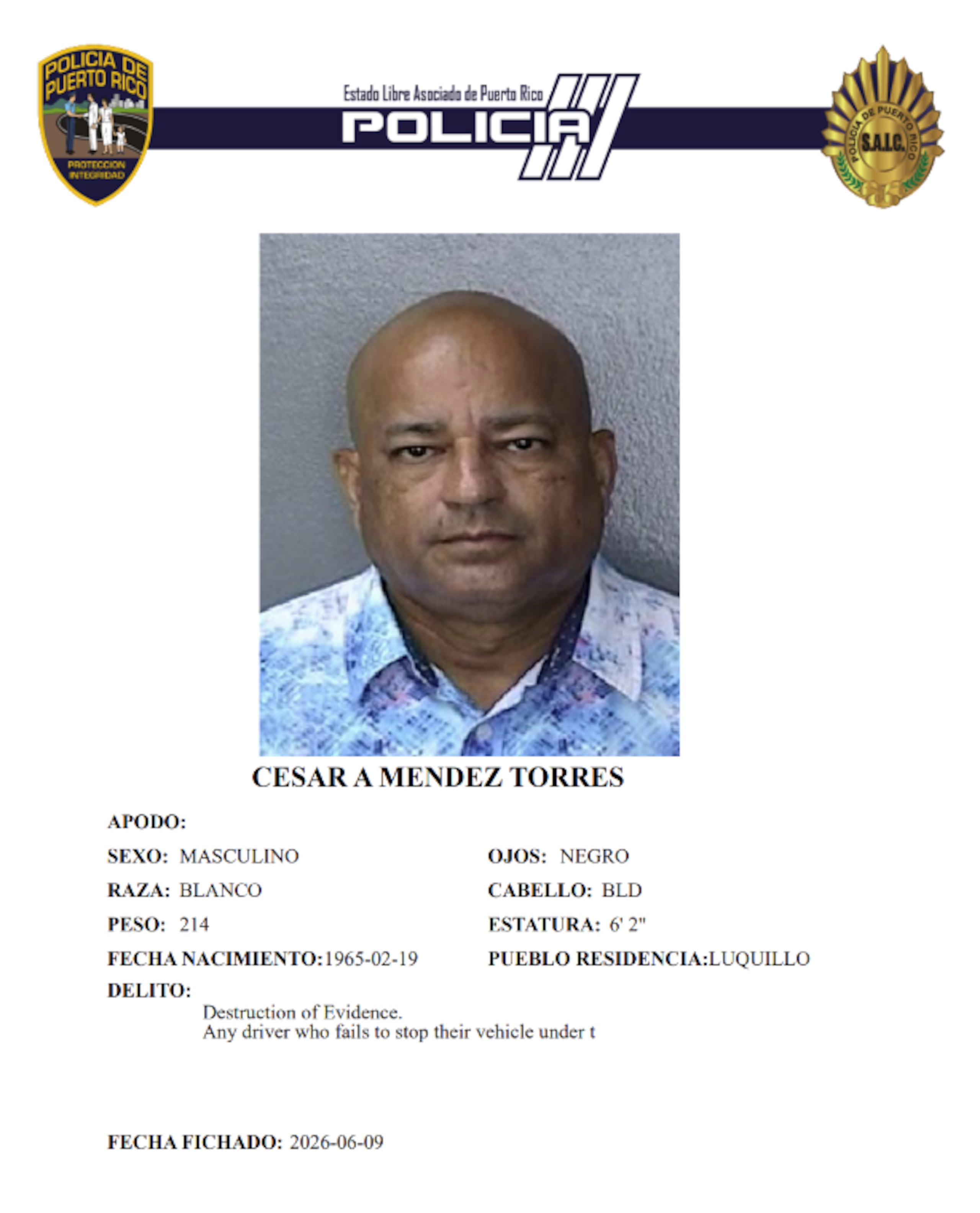 A César Armando Méndez Torres, se le radicaron cargos por abandono de la escena y destrucción al de evidencia, por un "hit and run" en Canóvanas.
