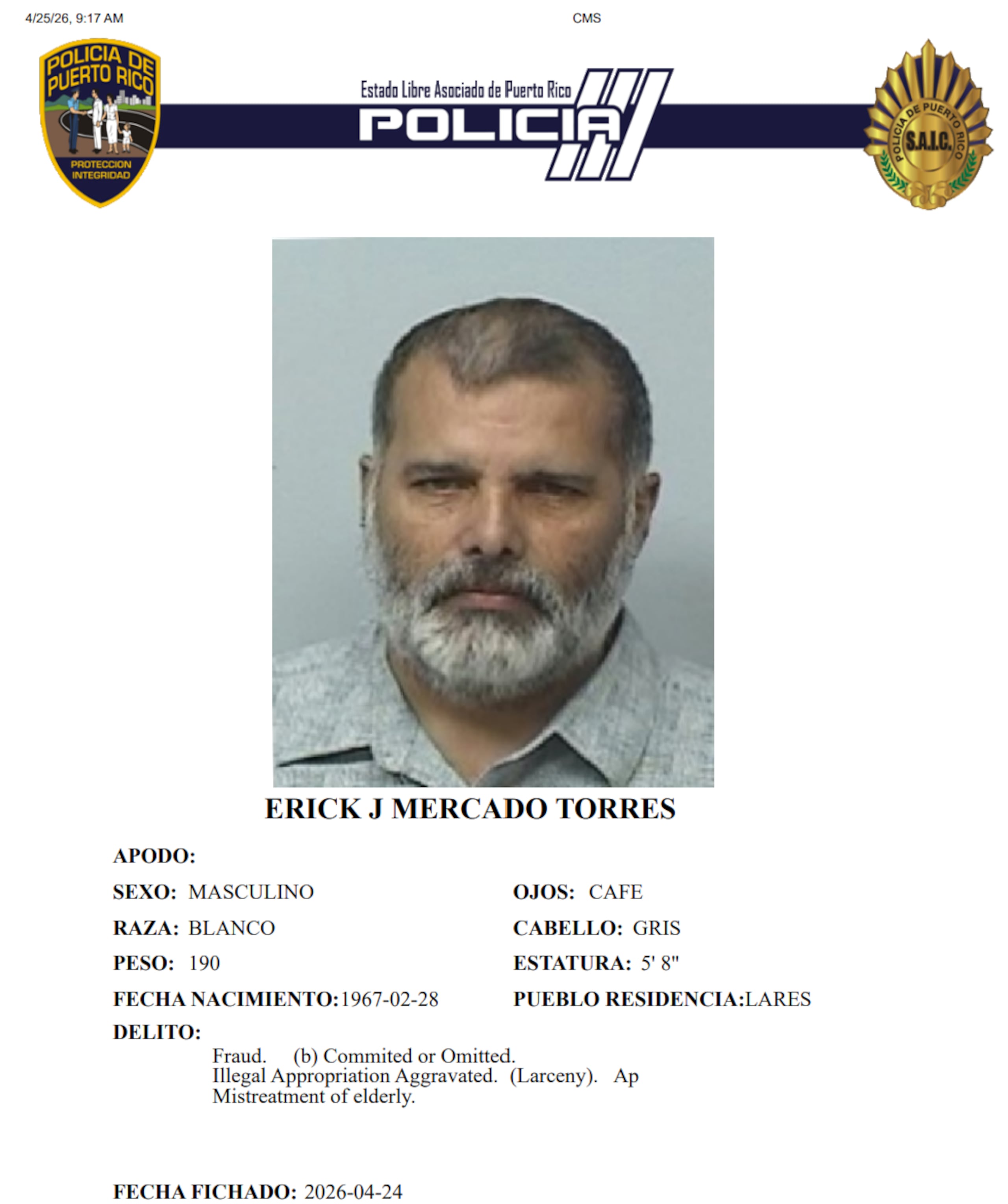 Ficha policiaca de Erick J. Mercado Torres, residente de Lares.