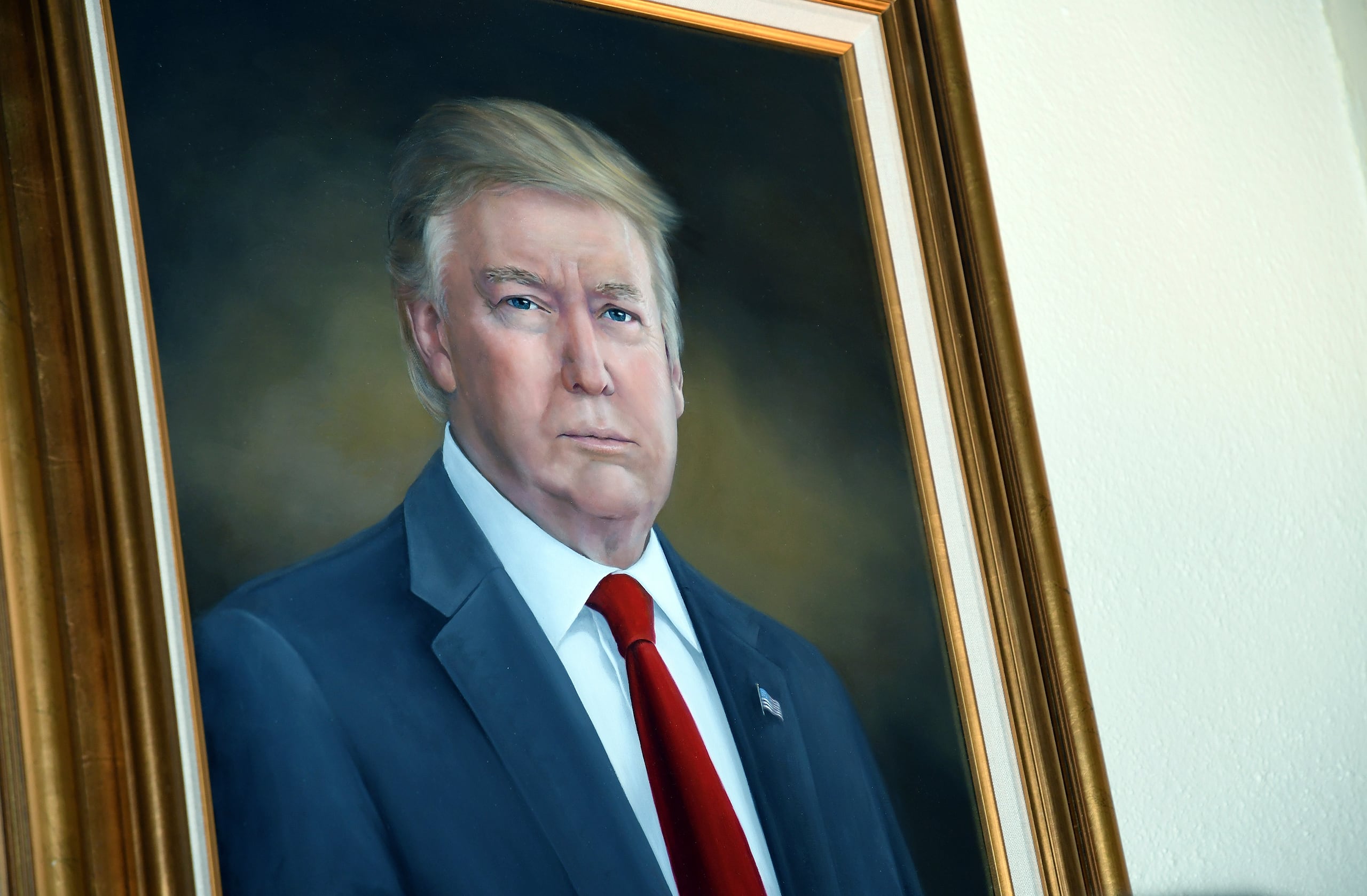 Un retrato del presidente de EEUU, Donald Trump, cuelga en el Capitolio de Colorado después de una ceremonia de develación el 1 de agosto de 2019 en Denver. (AP Foto/Thomas Peipert, Archivo)