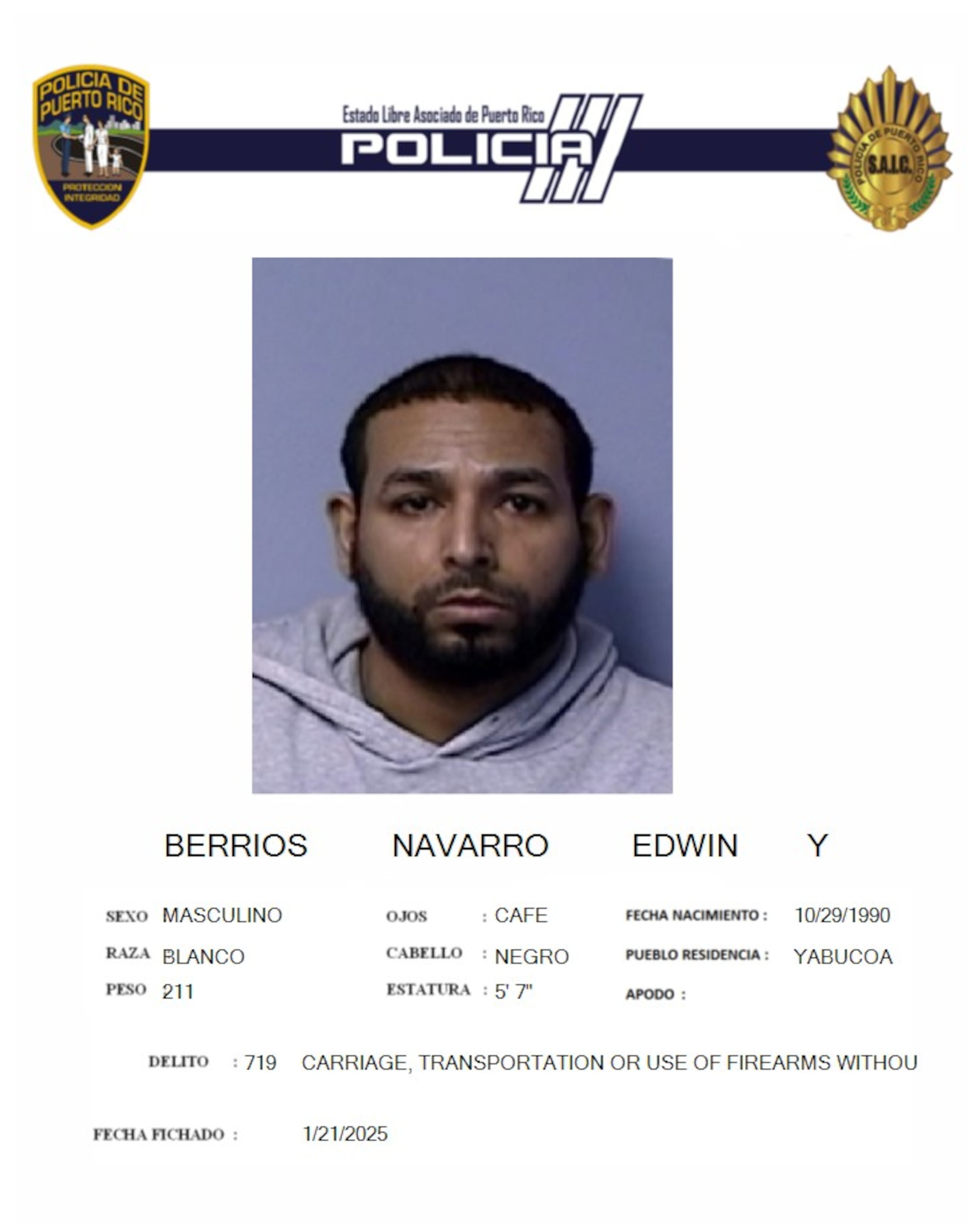 Contra Edwin Y. Berríos Navarro, pesaba una orden de arresto, con una fianza de $3.6 millones, por los delitos de asesinato, tentativa de asesinato, disparar en un lugar público y Ley de Armas.