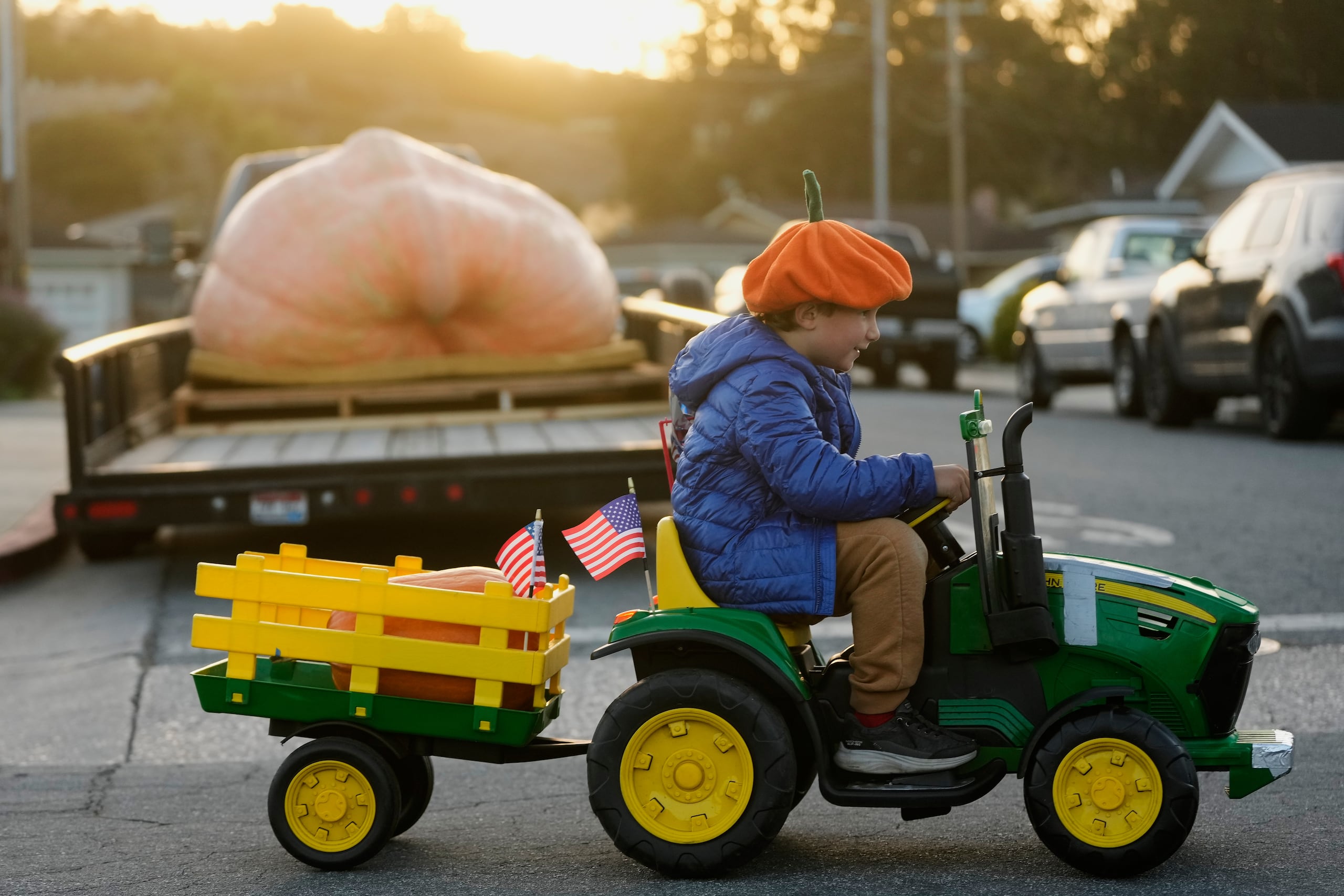 Miles, de seis años, pasa frente a una calabaza gigante que participará en el Concurso Mundial de Peso de Calabazas Safeway, el lunes 12 de octubre de 2026, en Half Moon Bay, California. (AP Foto/Jeff Chiu)