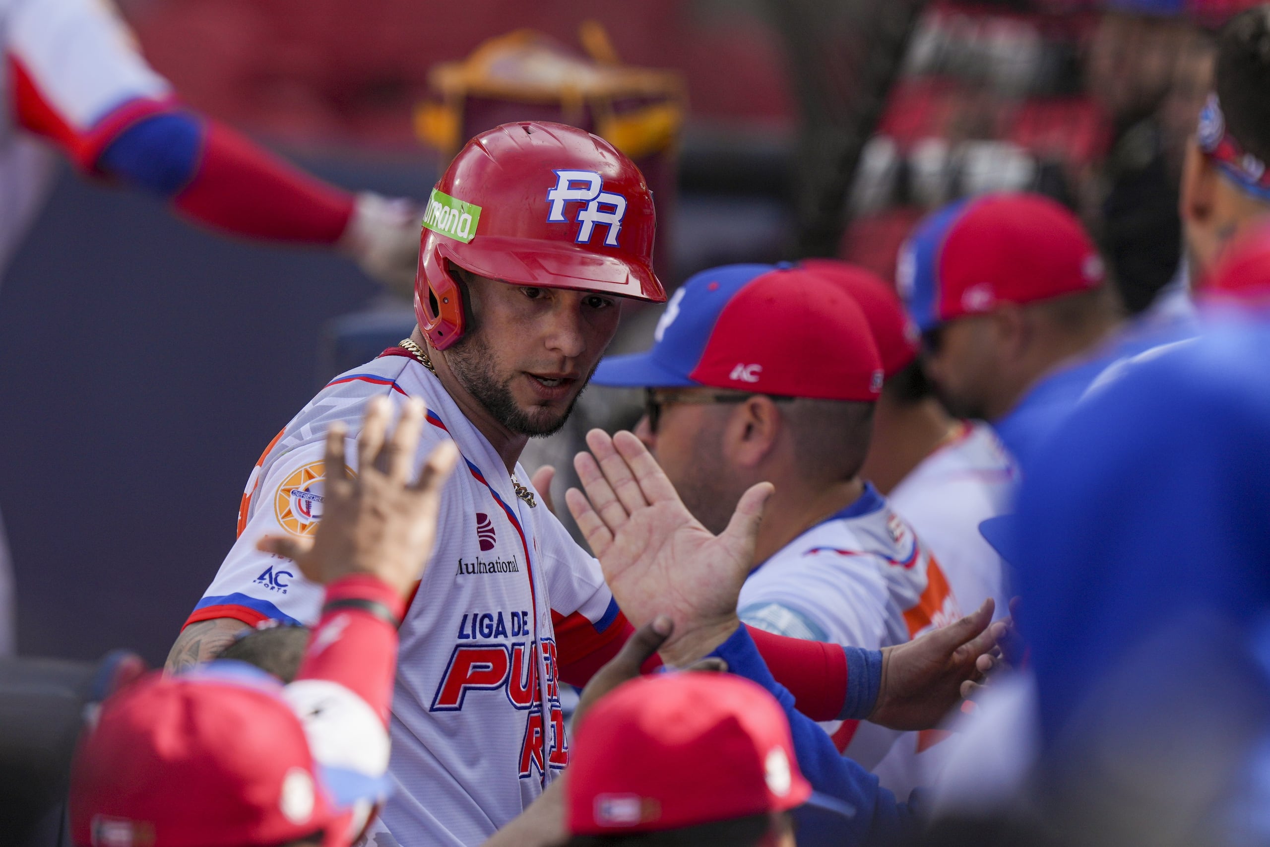 Danny Ortiz, de Puerto Rico, celebra el dugout luego de anotar una carrera contra los Cardenales de Lara.