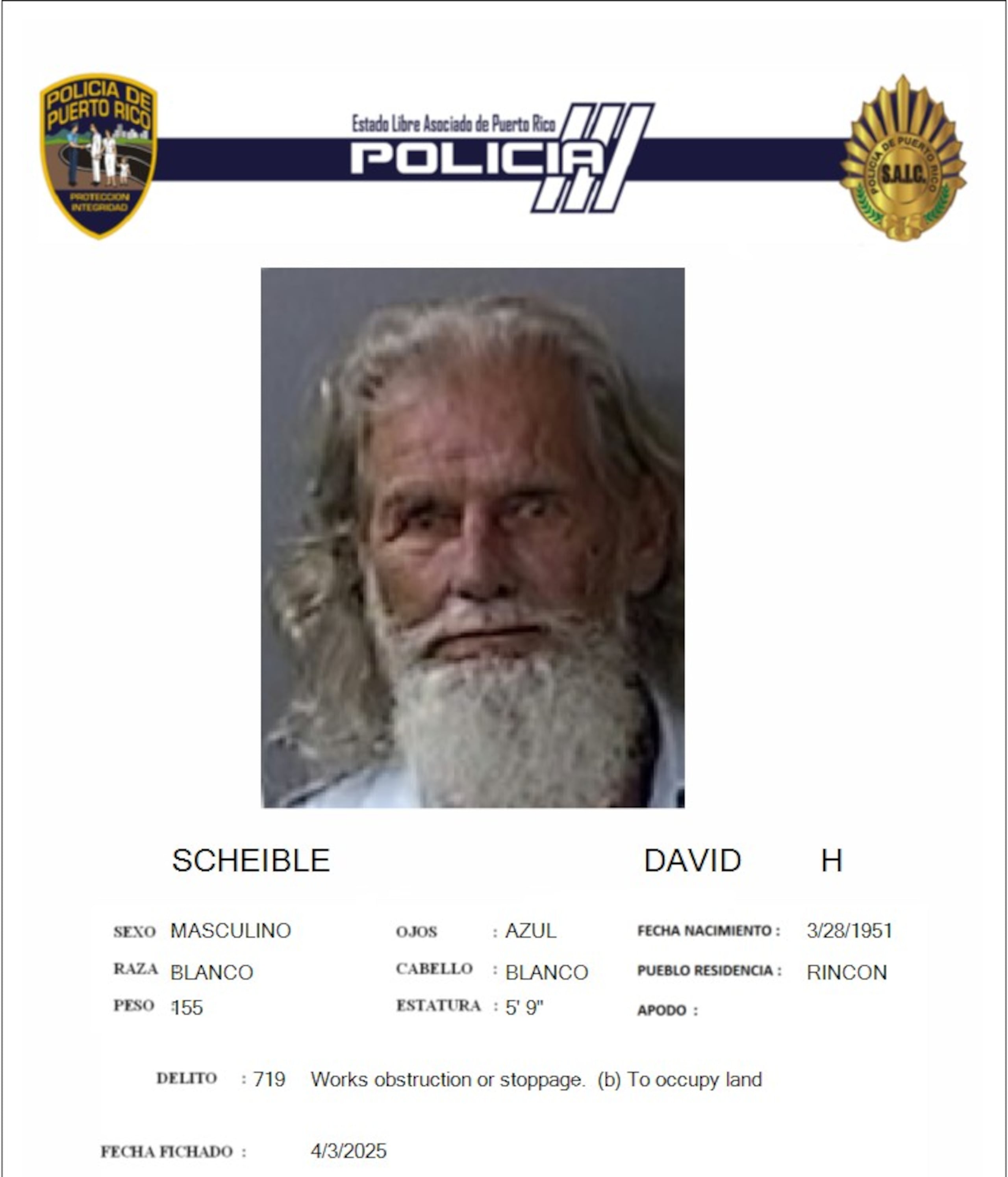 Ficha policíaca de David H. Scheible.
