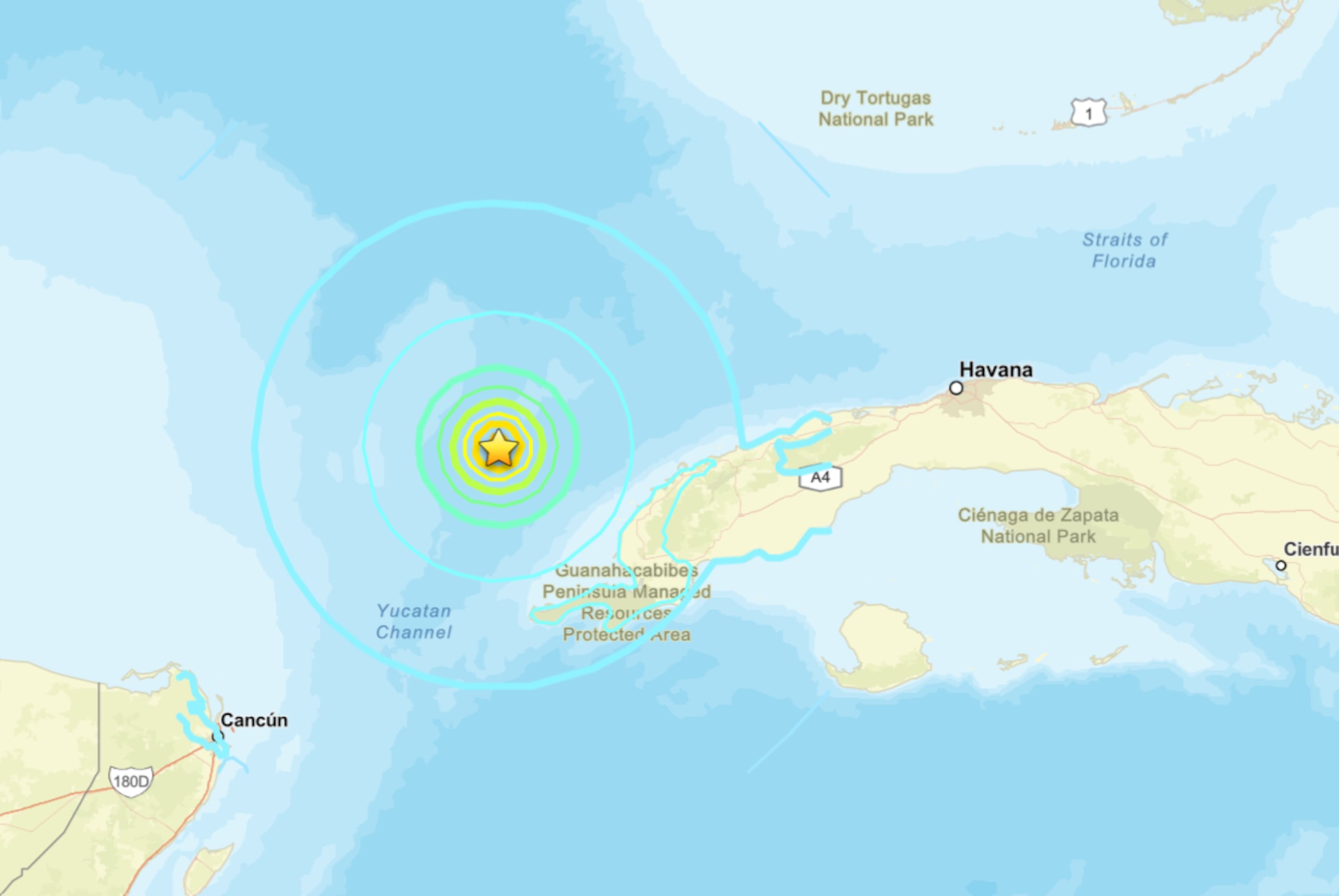 El Servicio Geológico de Estados Unidos indicó que el epicentro de la sacudida fue a 104 kilómetros al oeste, noroeste de Mantua, Cuba.
