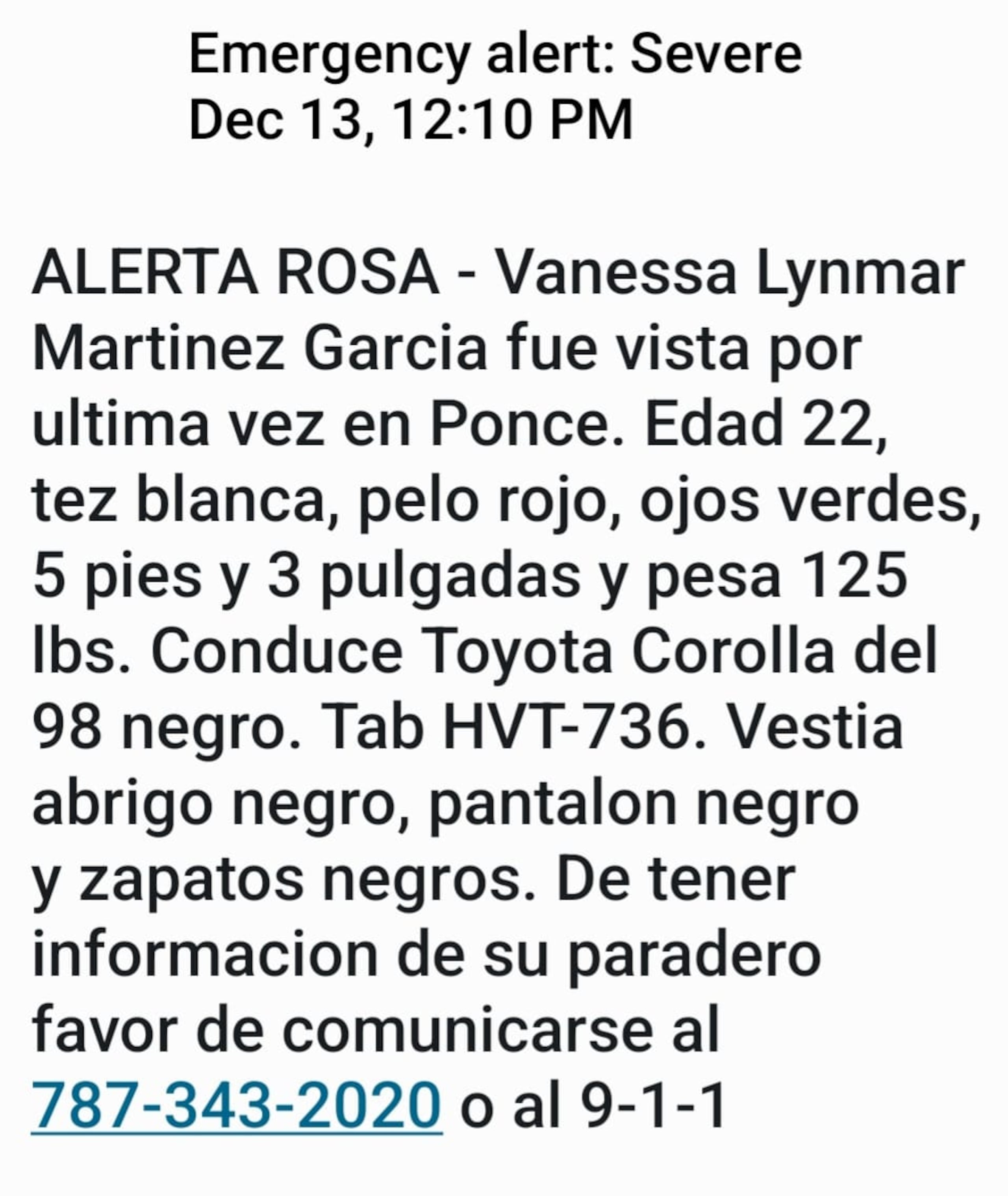 Se activó la Alerta Rosa para localizar a Vanessa Lynmar Martinez García, desaparecida desde el 10 de diciembre.