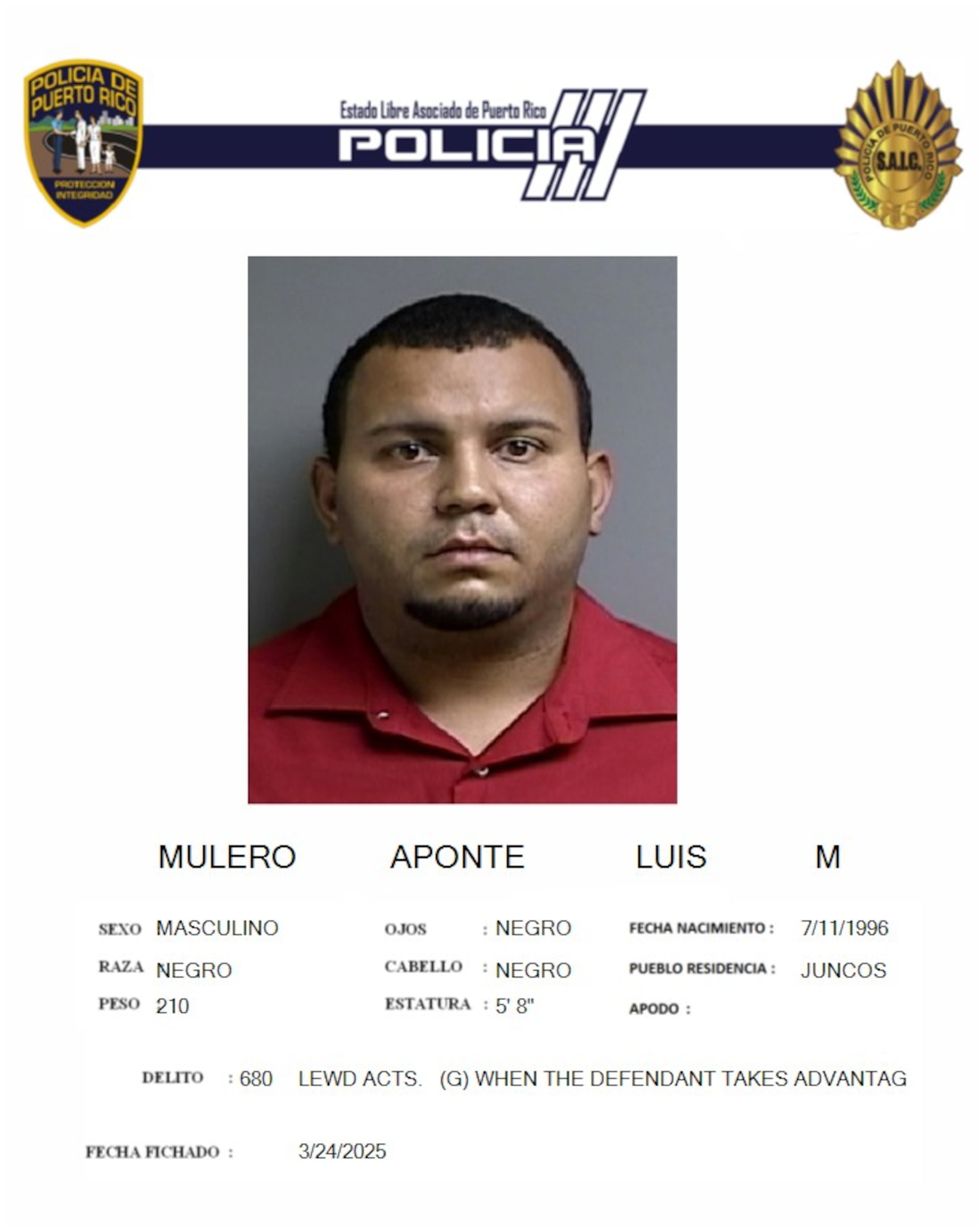 Ficha policíaca del imputado, Luis Miguel Mulero Aponte.