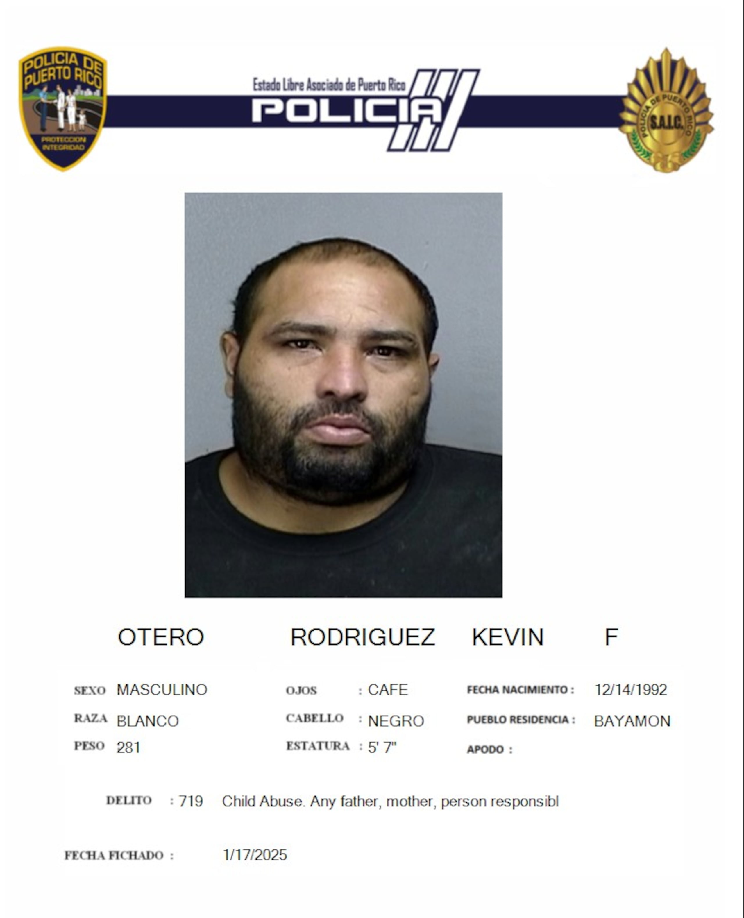 Ficha policiaca de Kevin Francisco Otero Rodríguez, de 32 años.