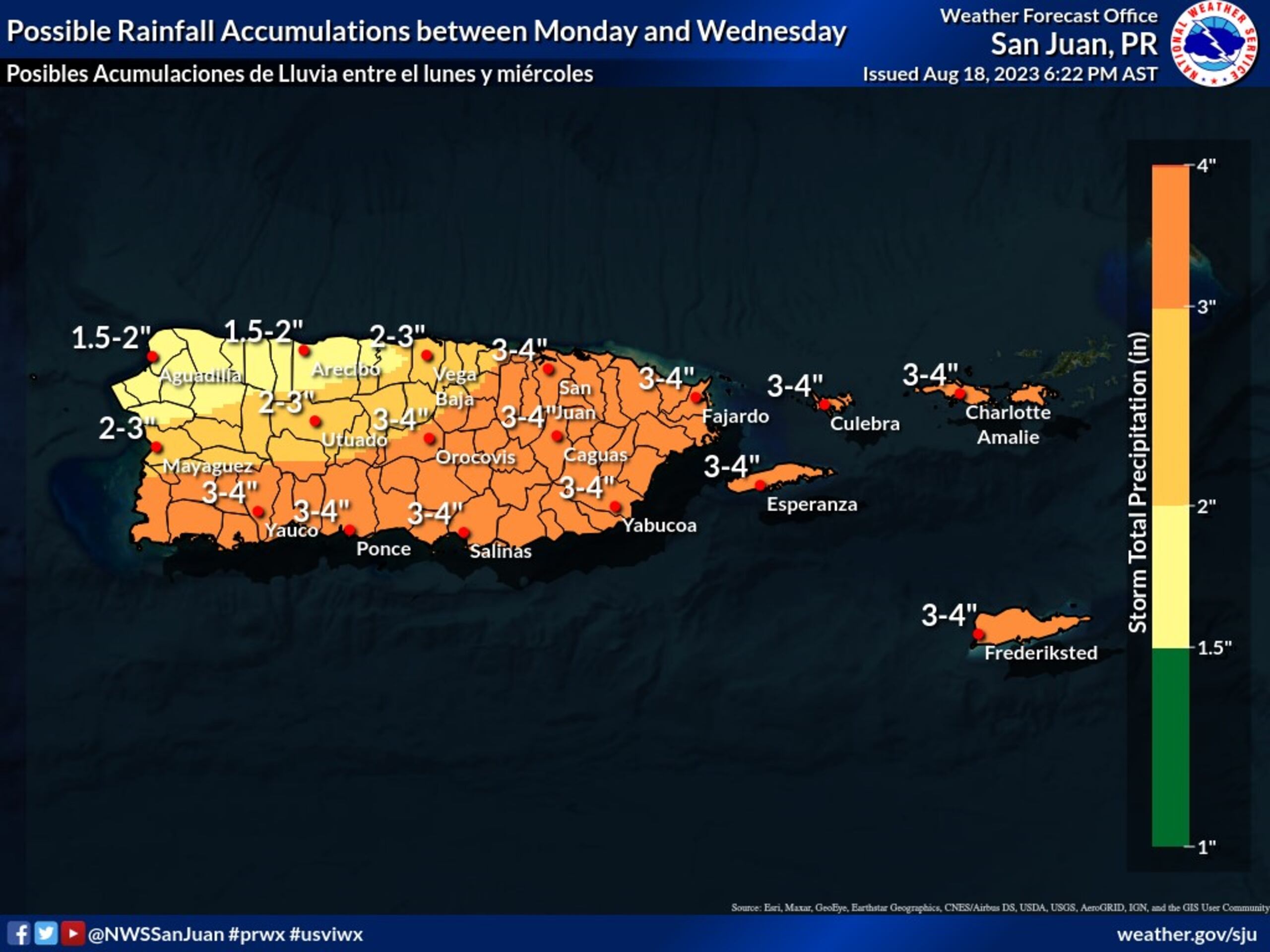 Se esperan de una a tres pulgadas de lluvia para municipios del norte central y el oeste y hasta cuatro pulgadas para los municipios del este, sureste y suroeste.