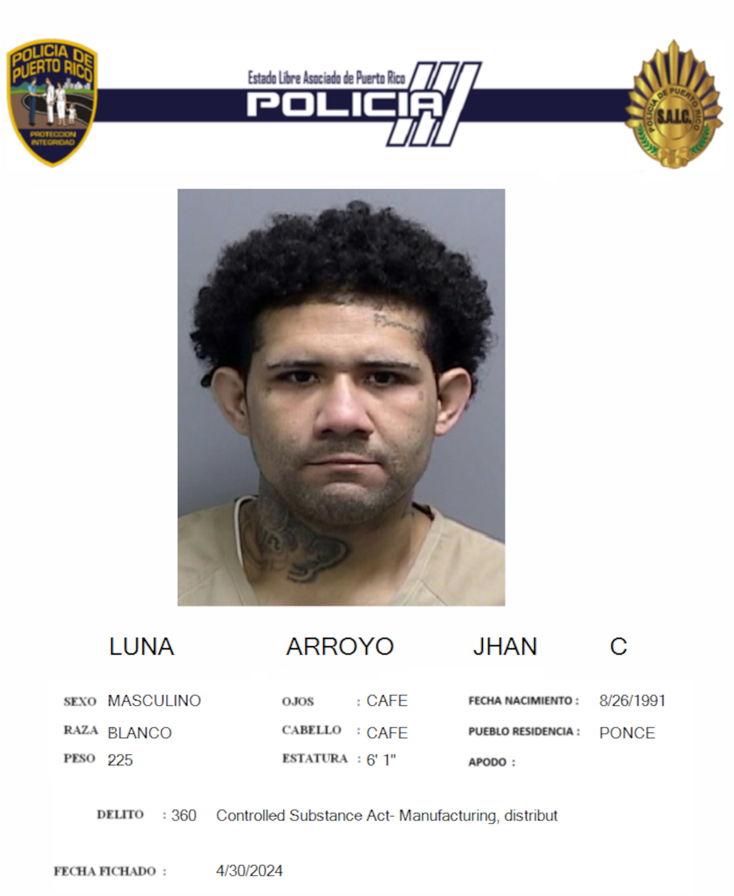 Jhan C. Luna Arroyo, fue acusado por violación a la Ley de Sustancias Controladas.