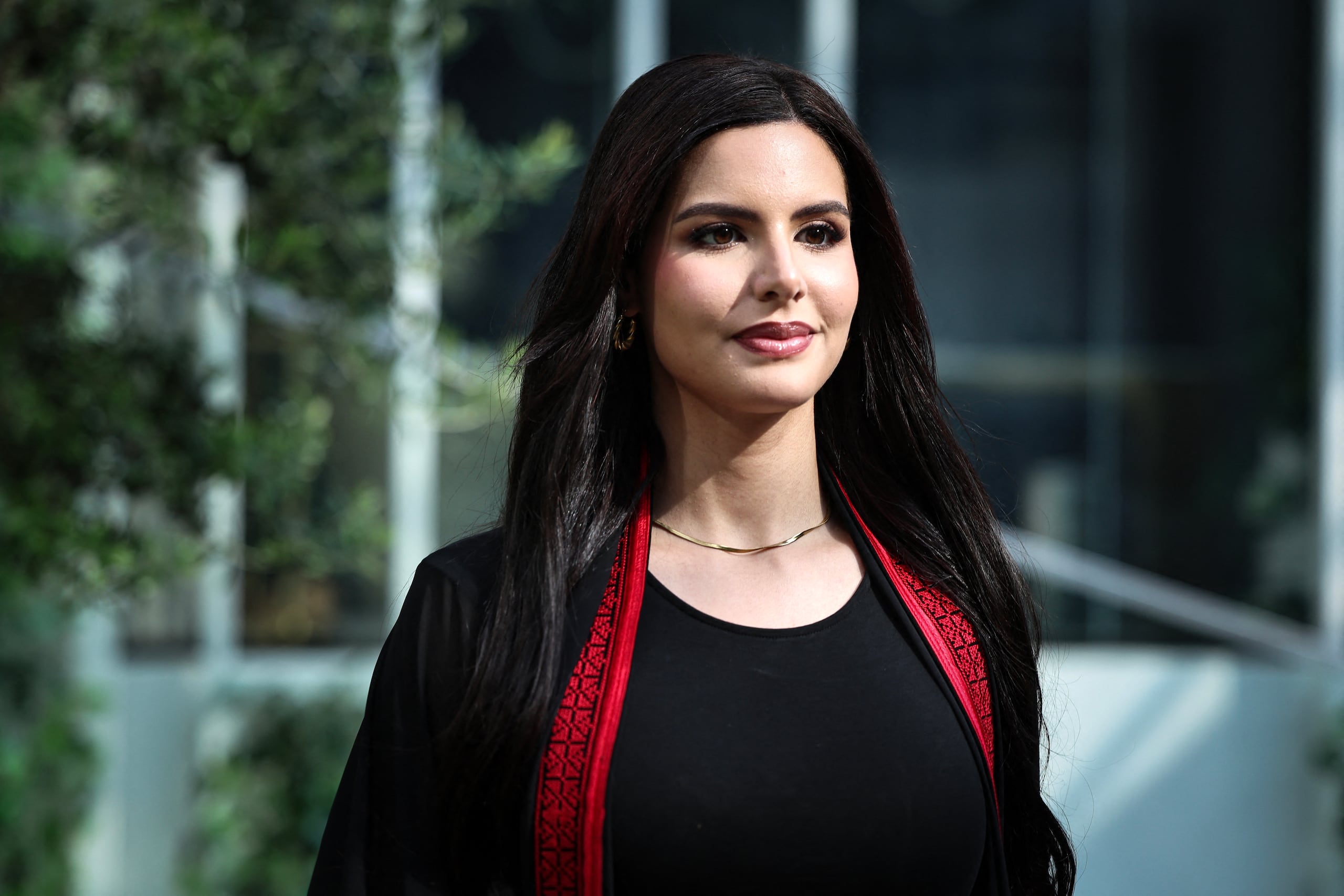 Nadeen Ayoub, who will compete as the first ever Miss Palestine in the Miss Universe pageant in November, poses for a picture in Dubai on September 6, 2025. Nadeen Ayoub, the first Palestinian to compete in Miss Universe, will step onto the stage at the height of one of the most harrowing periods for her people, determined to show they are more than headlines of war. (Photo by FADEL SENNA / AFP)