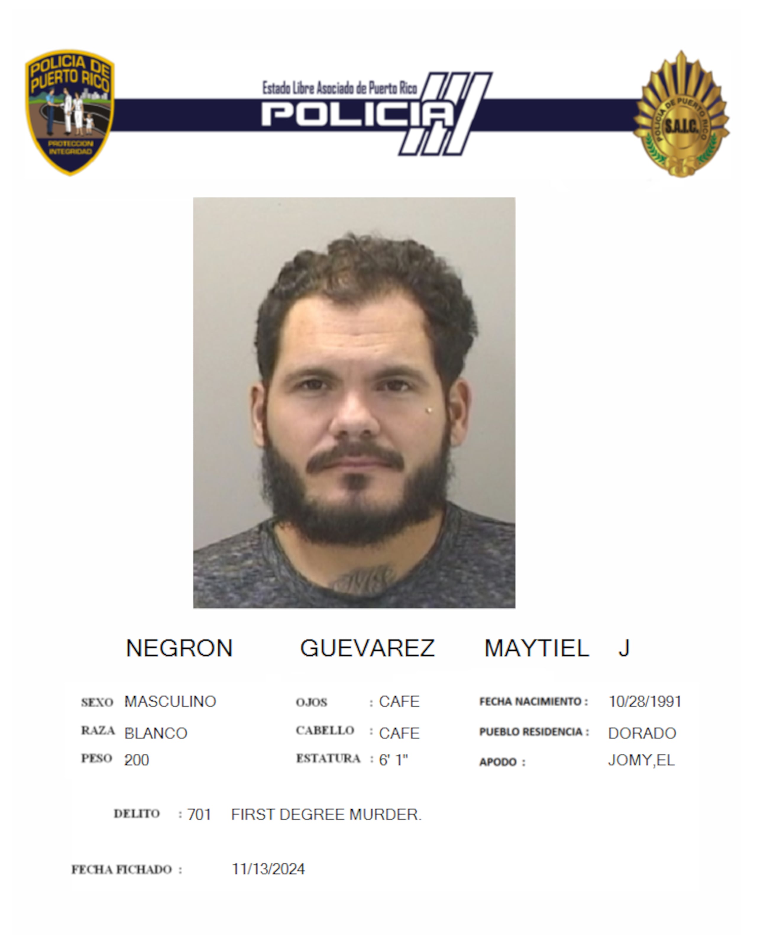Maytiel Jomar Negrón Guevárez, de 33 años, quien escapó tras cometer un crimen en Dorado, fue arrestado en el estado de Carolina del Norte y extraditado a Puerto Rico.