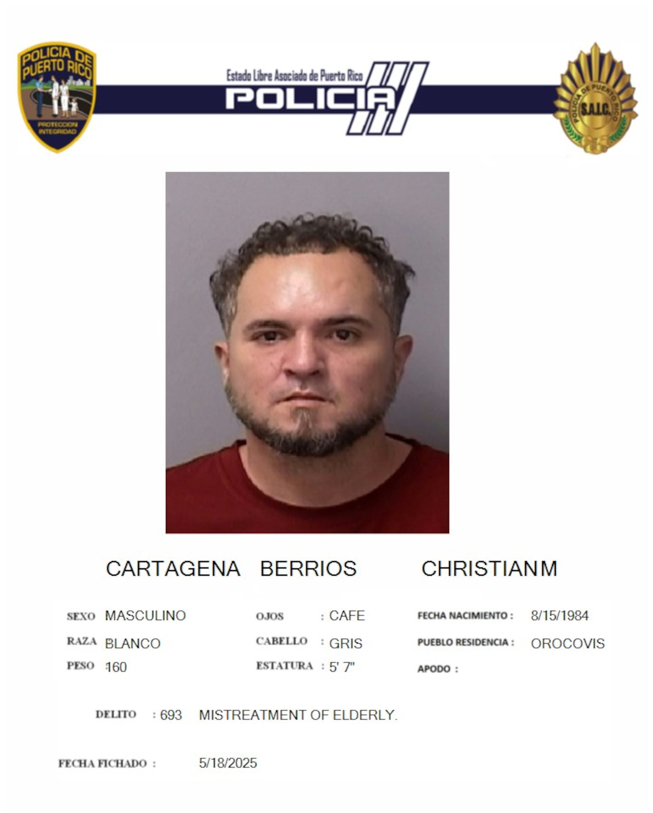 Christian Moisés Cartagena Berríos de 40 años, fue acusado por la fiscal Ámbar Ramos, de dos cargos criminales por maltrato a sus padres.