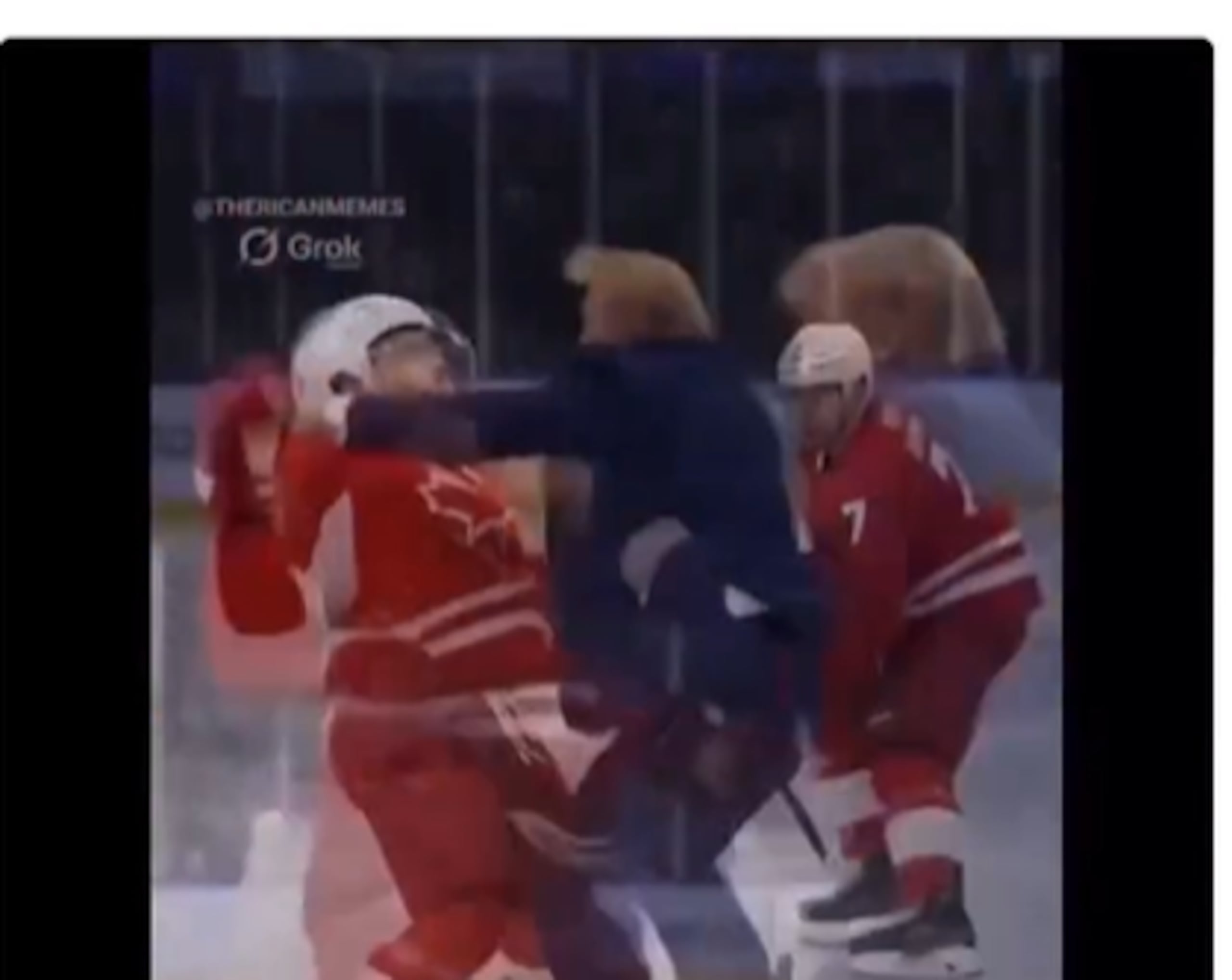 El presidente Trump publica videos golpeando a jugadores de hockey canadienses.