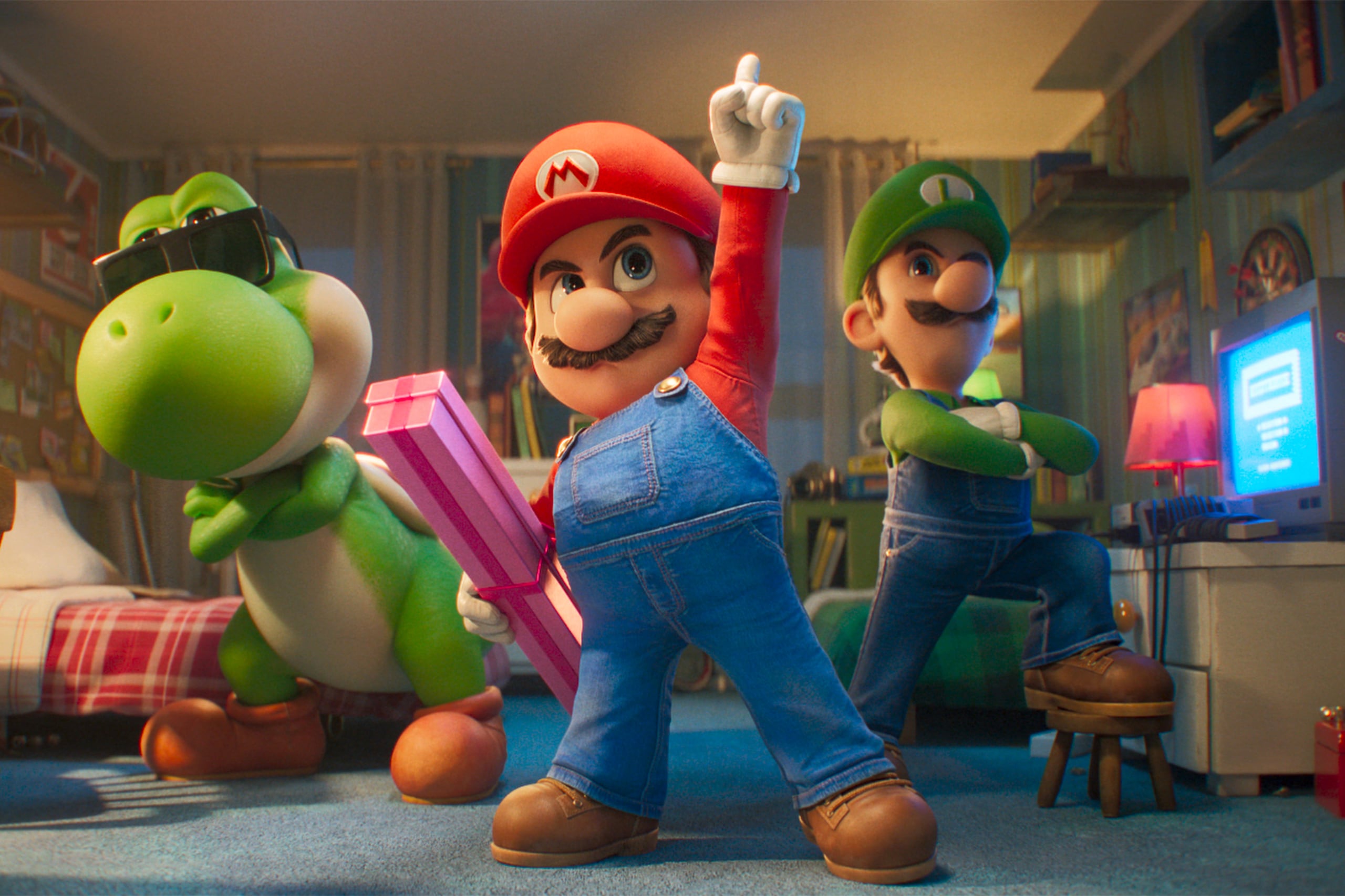 Esta imagen, difundida por Universal Pictures, muestra a Yoshi, con la voz de Donald Glover (izquierda), Mario, con la voz de Chris Pratt (centro), y Luigi, con la voz de Charlie Day, en una escena de "The Super Mario Galaxy Movie". (Nintendo and Illumination/Universal Pictures via AP)