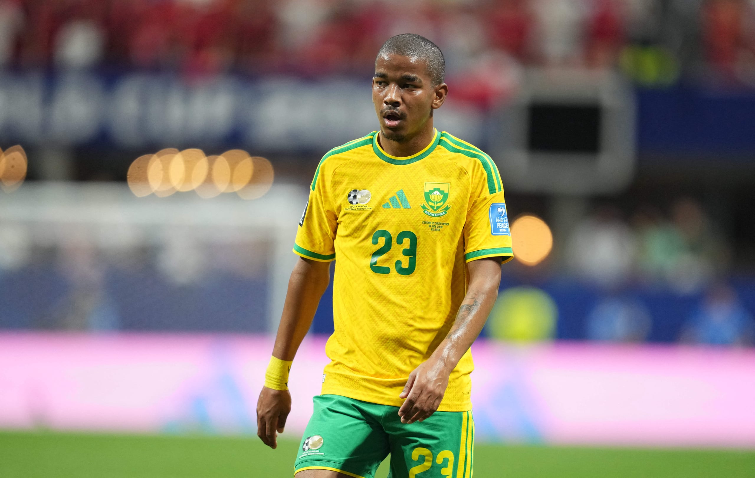 Jayden Adams (South Africa) looks on during Group A FIFA World Cup 2026, Chezia and South Africa , Atlanta Stadium, Atlanta, United States on June 18 2026. (Photo by Ulrik Pedersen/NurPhoto) (Photo by Ulrik Pedersen / NurPhoto via AFP)