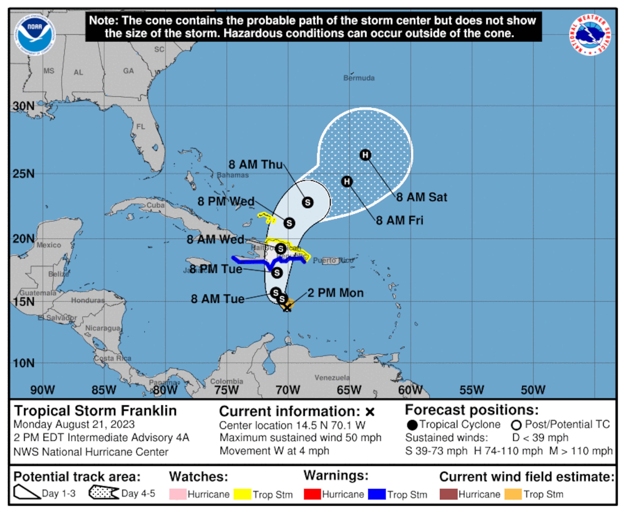 Pronóstico de la tormenta tropical Franklin emitido a las 2:00 de la tarde del 21 de agosto de 2023.