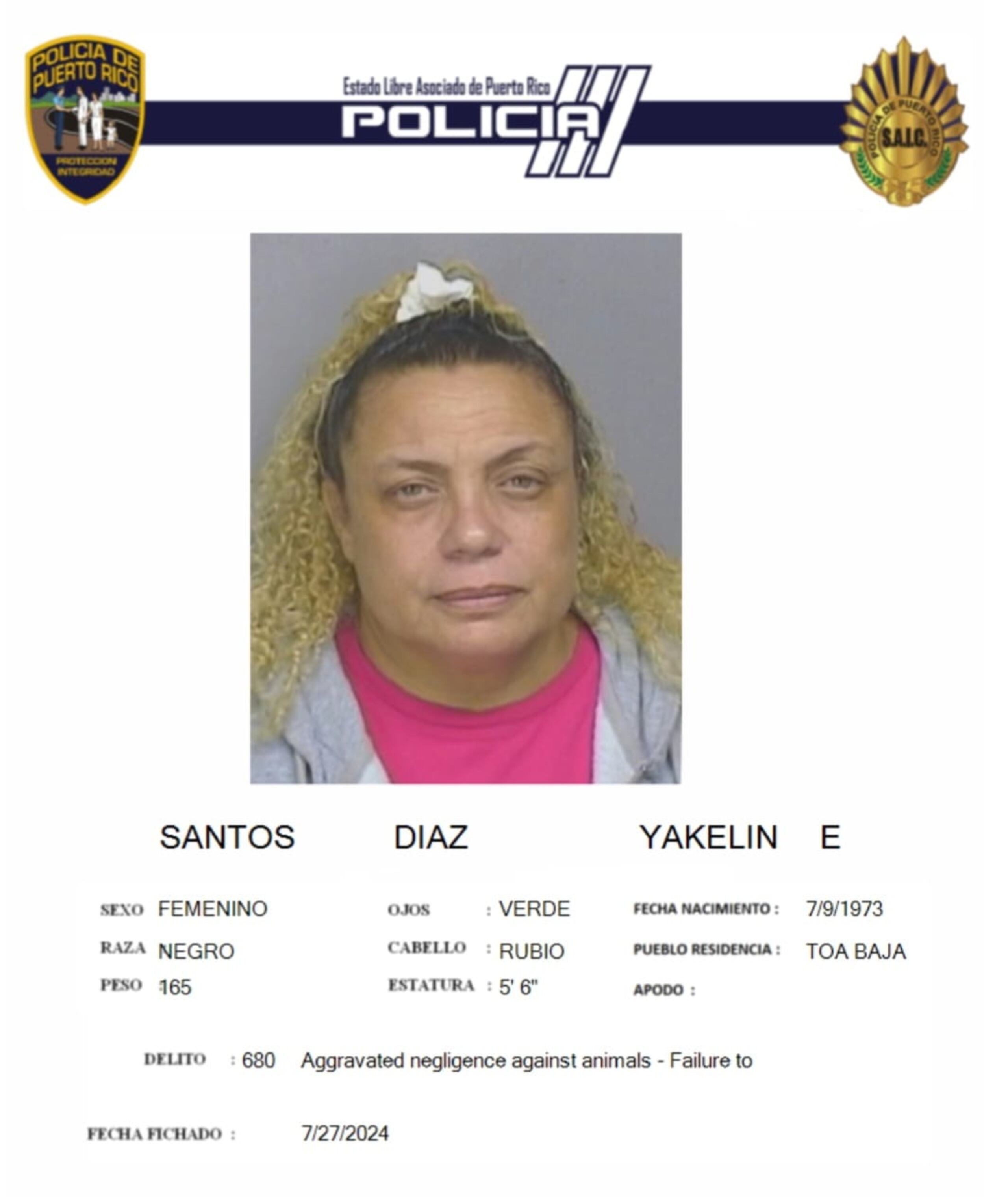Yakelin E. Santos Díaz fue acusada por neg;igencia agravada contra un animal.