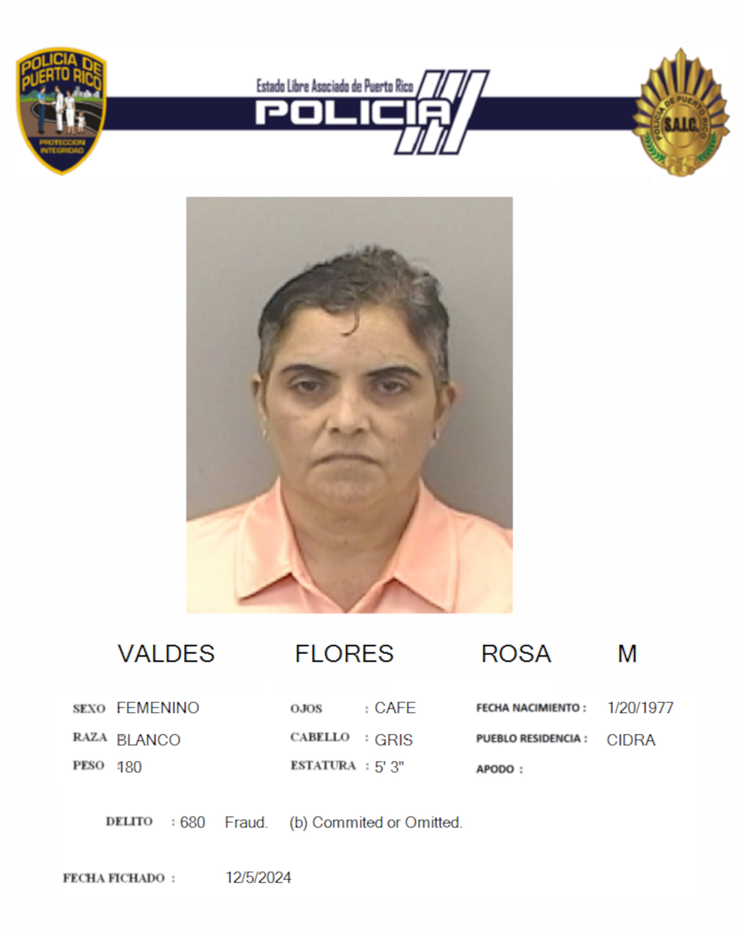 Cargos por fraude y apropiación Ilegal agravada, se radicaron contra Rosa M. Valdés Flores de 47 años y residente de Cidra.