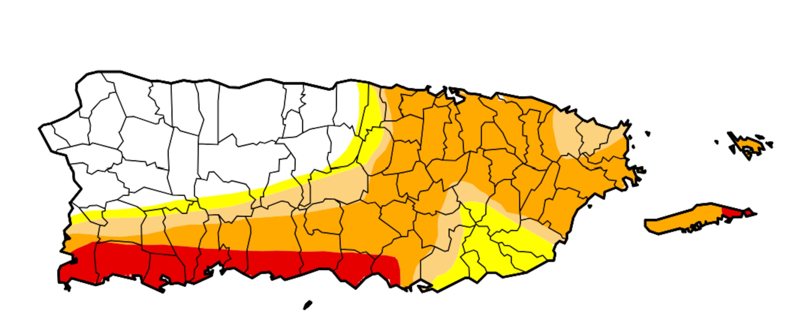 Las zonas en sequía extrema se ven en color rojo, mientras las zonas libres de sequía se observan en blanco.