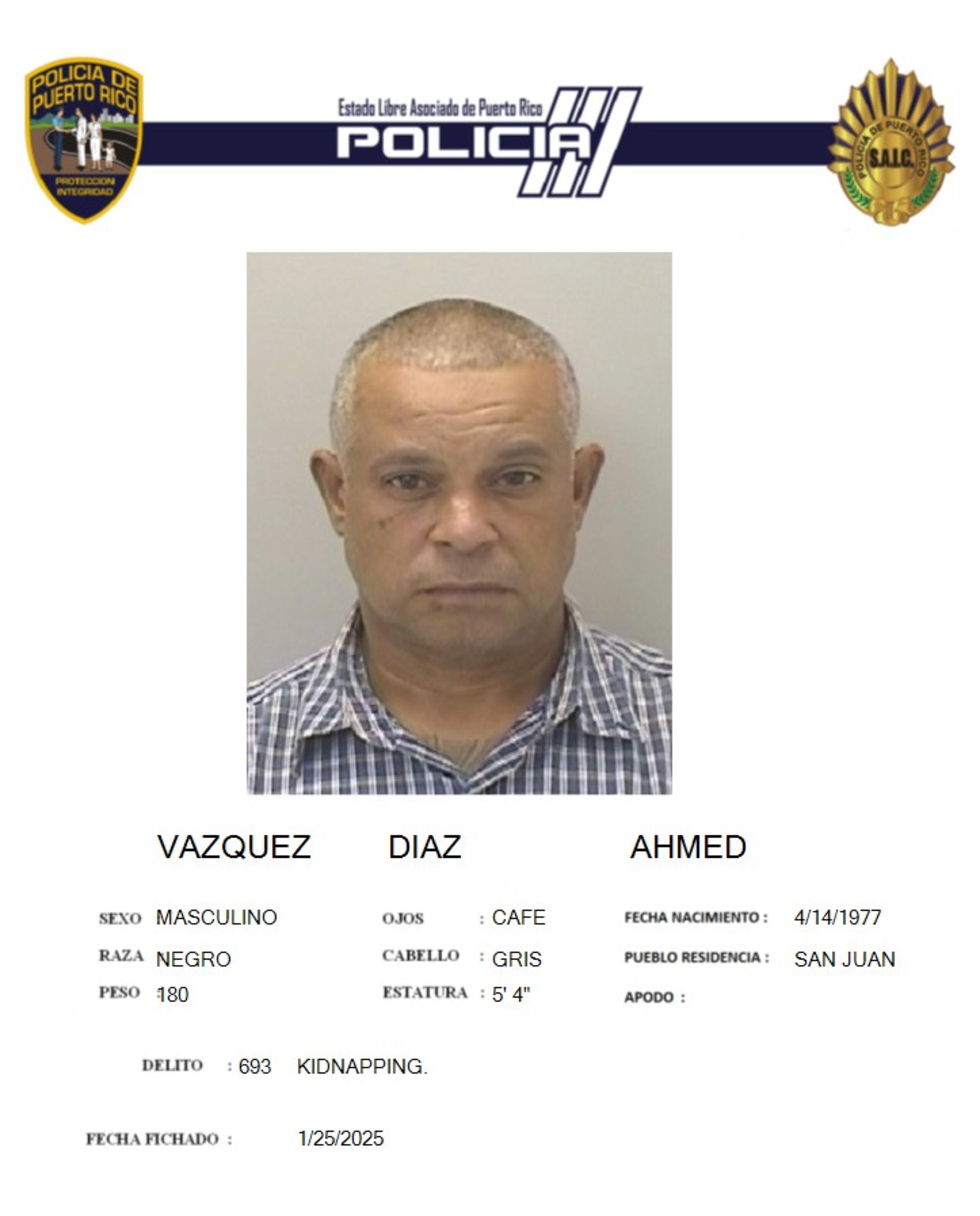 Ficha policiaca de Ahmed Vázquez Díaz, de 47 años.