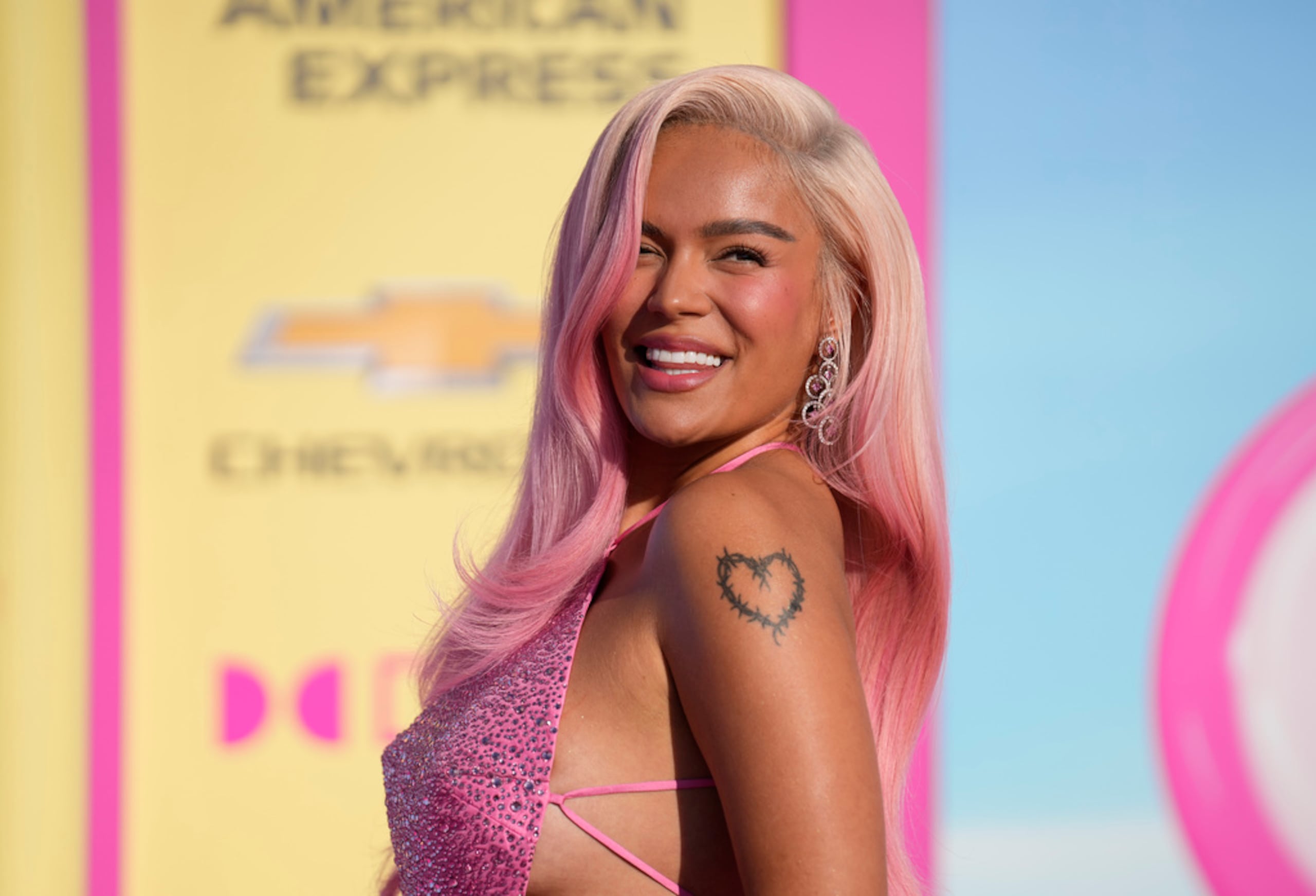 Karol G arrives at the premiere of "Barbie" on Sunday, July 9, 2023, at The Shrine Auditorium in Los Angeles.