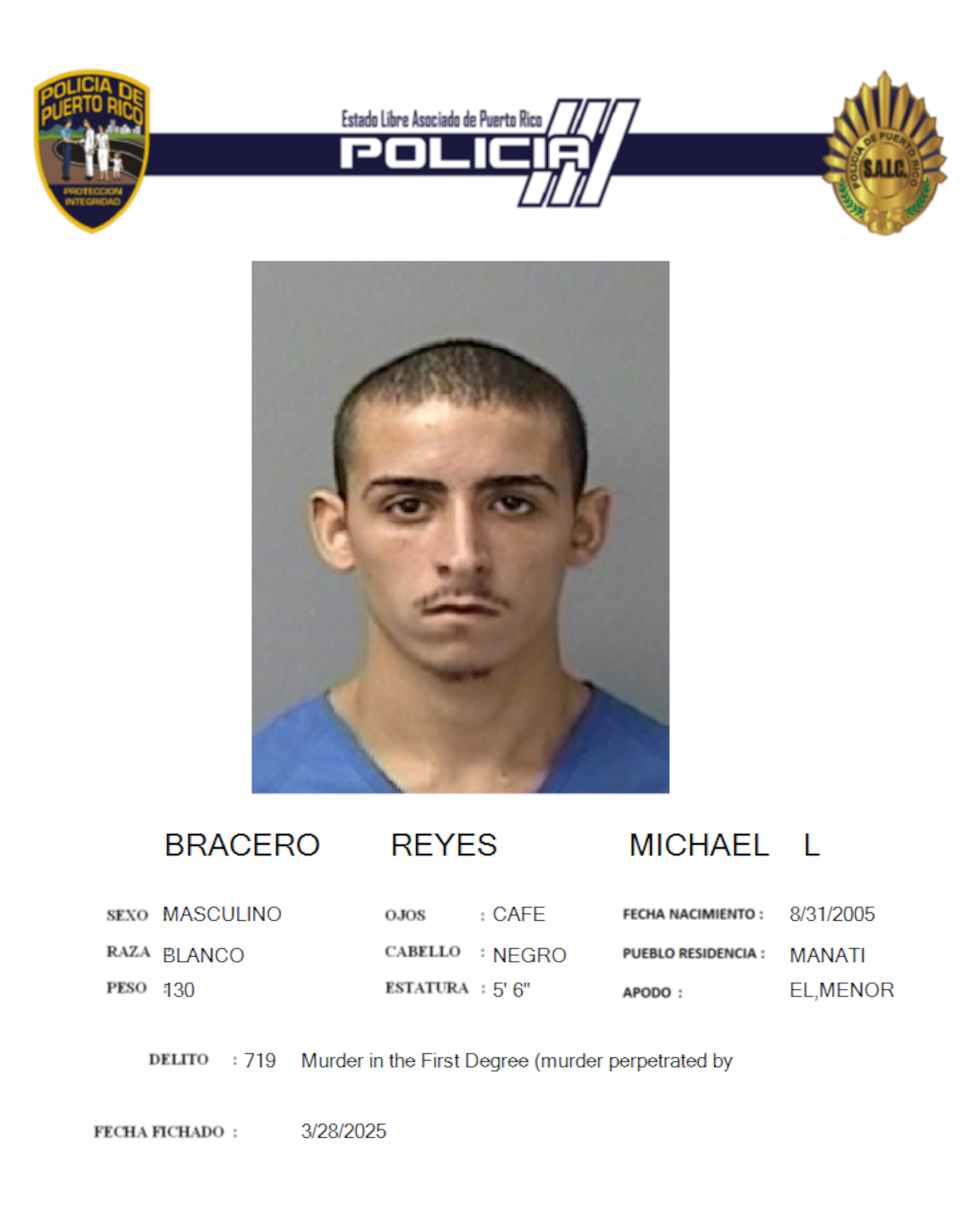 Michael L. Bracero Reyes, enfrenta cargos por asesinato en primer grado y portación, transportación de un arma de fuego sin licencia y disparar o apuntar arma de fuego.