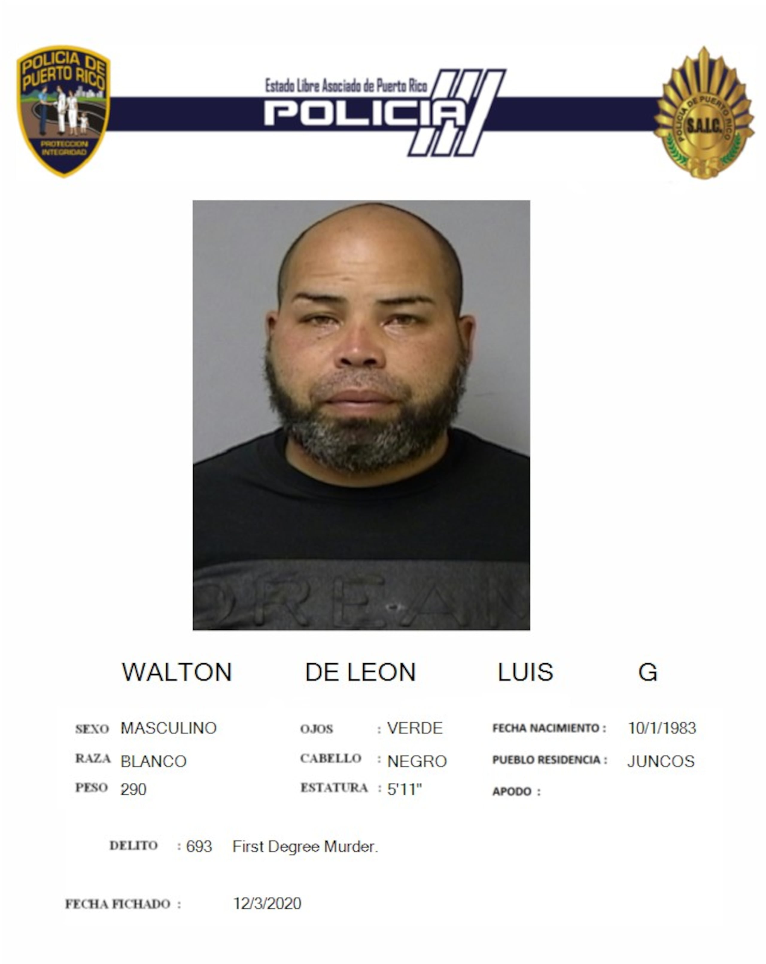 Luis Walton De León poseía expediente criminal por asesinato y violaciones a la Ley de Sustancias Controladas.