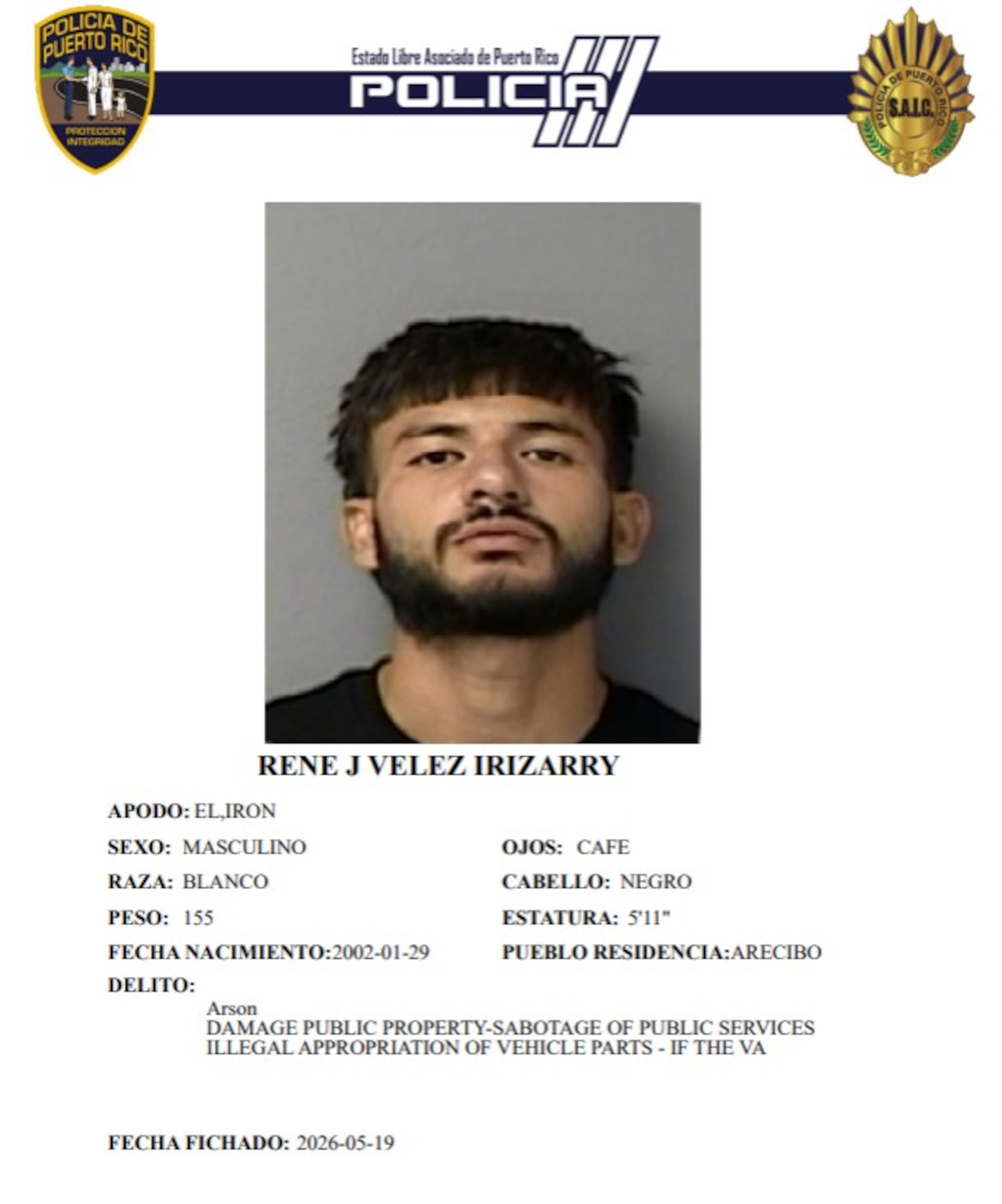 Ficha policial de René J. Vélez Irizarry, de 24 años y residente de Manatí.