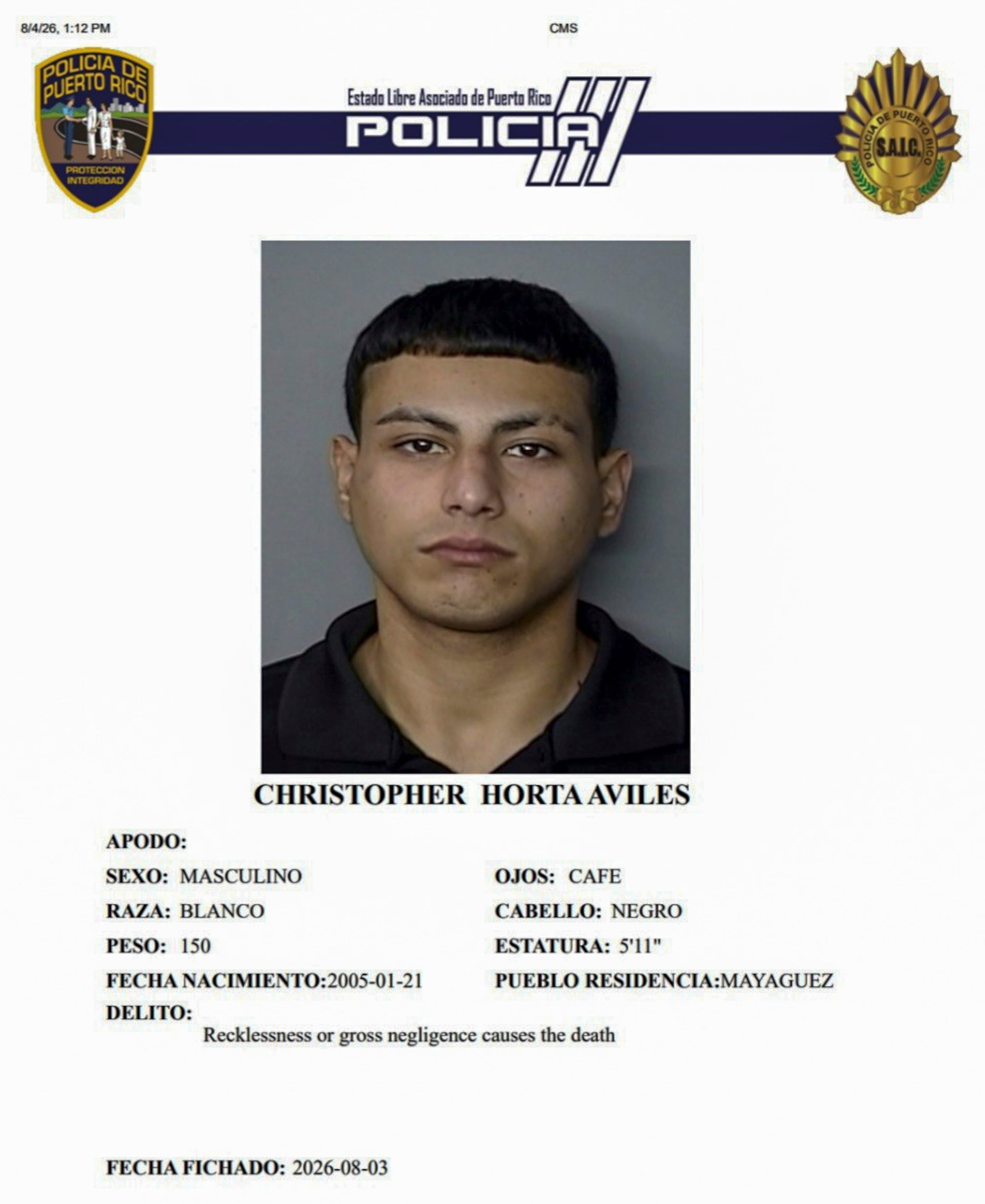 Christopher Horta Avilés, enfrenta un cargo por conducir un vehículo de motor de forma imprudente, negligente y temeraria.