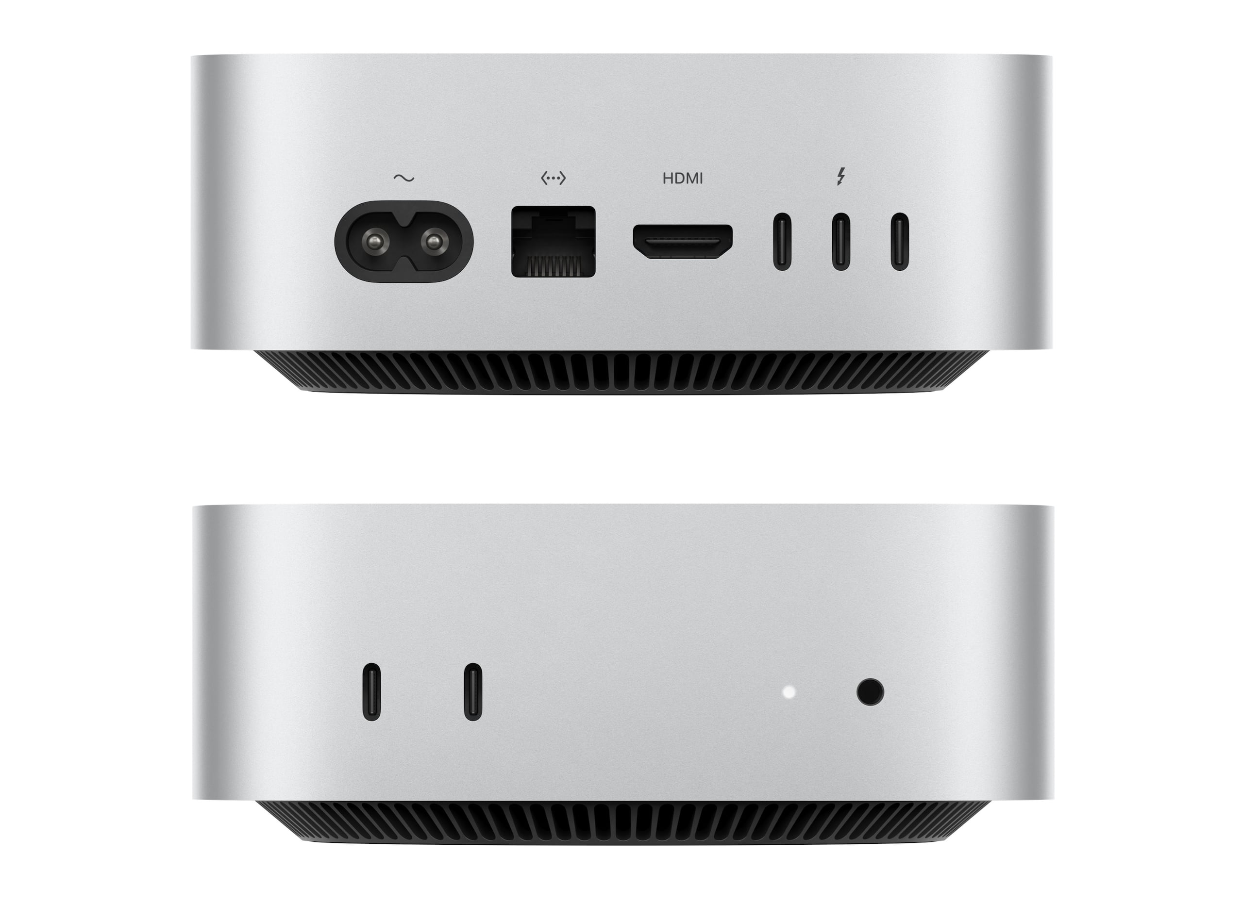Composición de dos fotografías cedidas por Apple que muestra los puertos frontales (arriba) y traseros (abajo) de un Apple Mac mini.EFE/ Apple