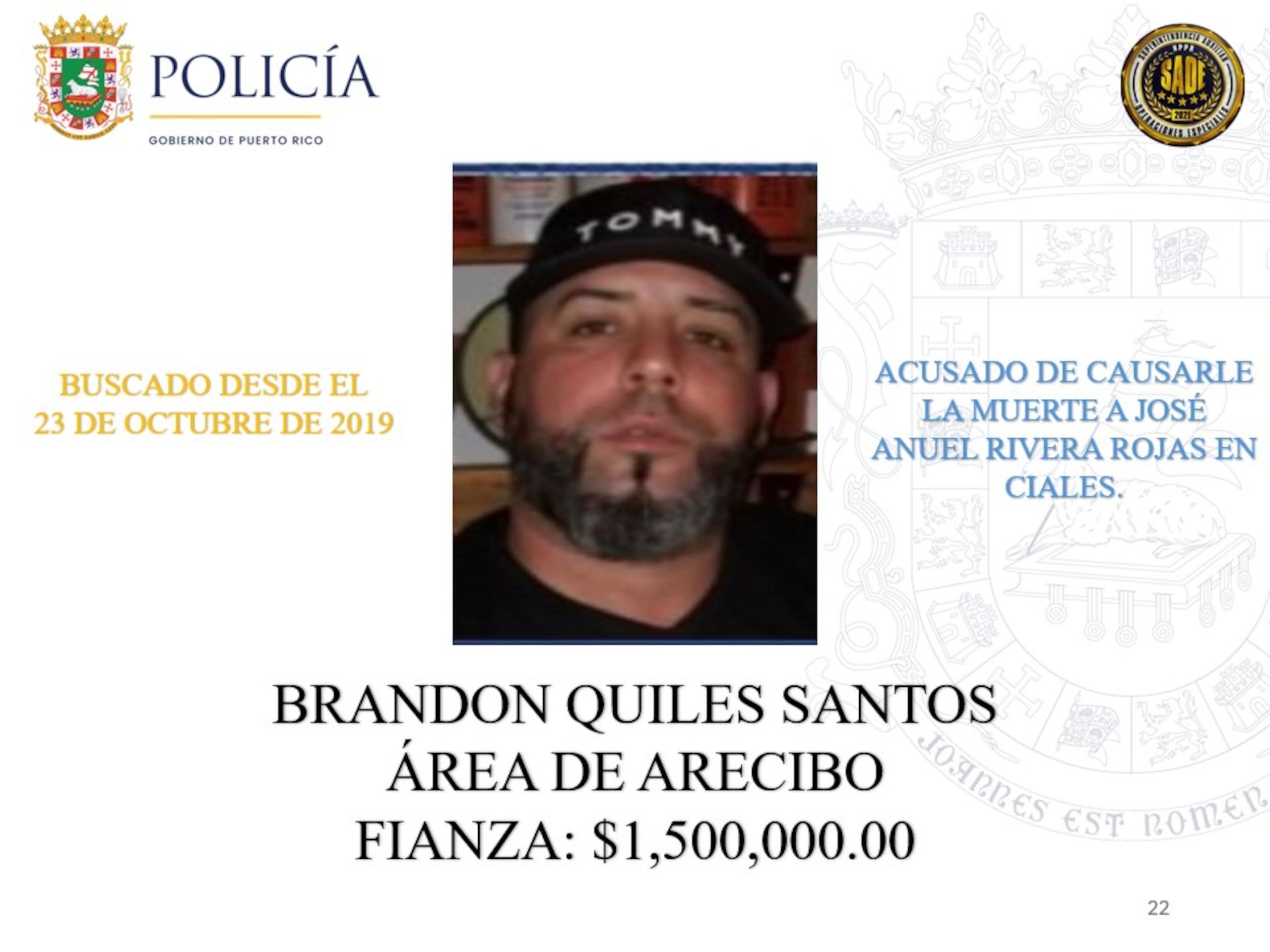 Brandon Quiles Santos | La Policía de Puerto Rico exhorta a la ciudadanía a colaborar con las autoridades para lograr la captura de 25 individuos que permanecen prófugos de la justicia y contra quienes pesan órdenes de arresto por delitos de asesinato ocurridos en distintos municipios de la Isla.
Estos individuos son considerados de alta peligrosidad y son buscados por hechos que han cobrado la vida de múltiples víctimas. Algunos de ellos han evadido la justicia durante años, mientras que otros enfrentan acusaciones recientes por asesinatos cometidos durante el presente año.