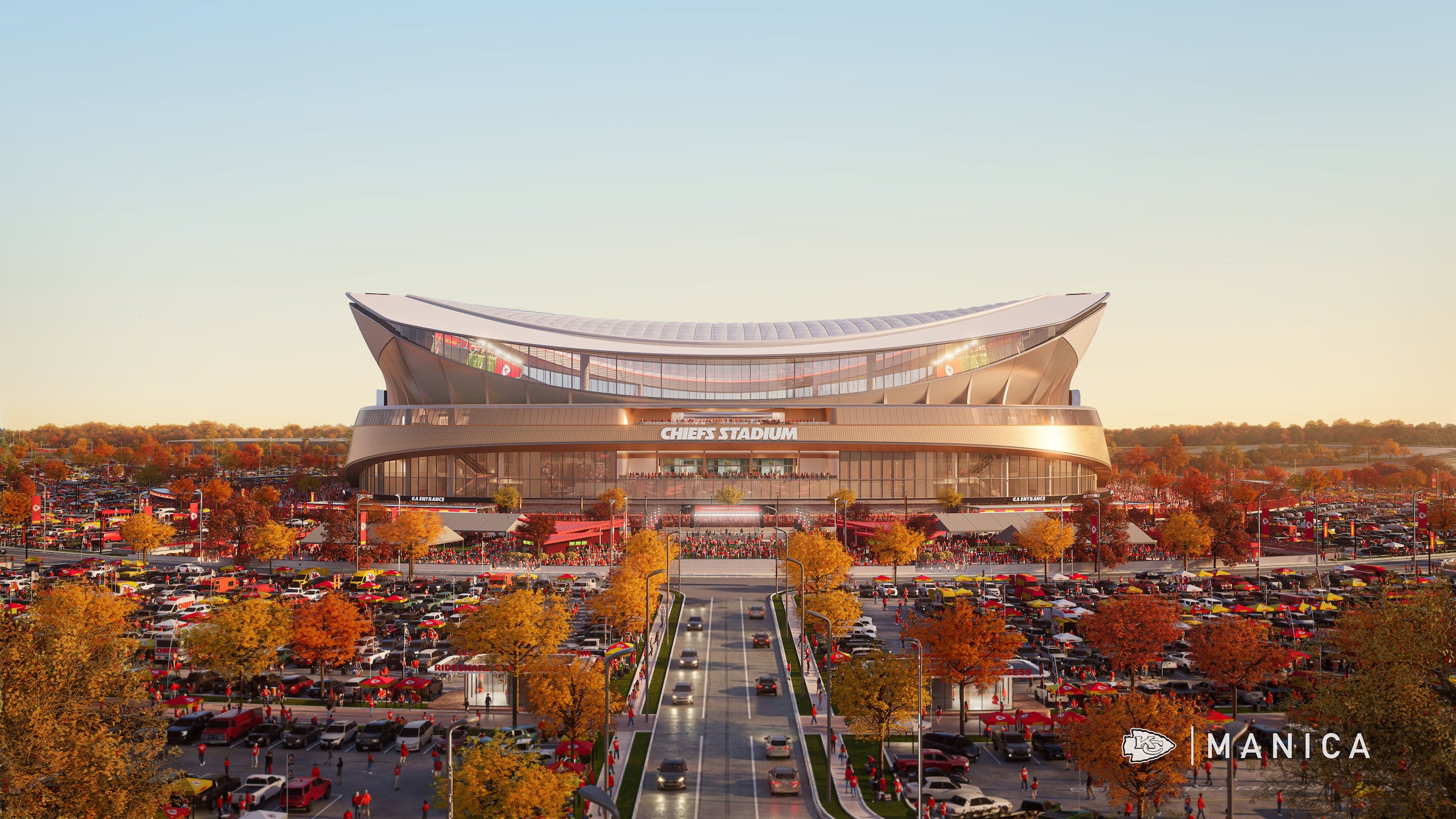 Esta ilustración sin fecha, proporcionada por los Chiefs de Kansas City, muestra un diseño inicial del nuevo estadio techado del equipo.
