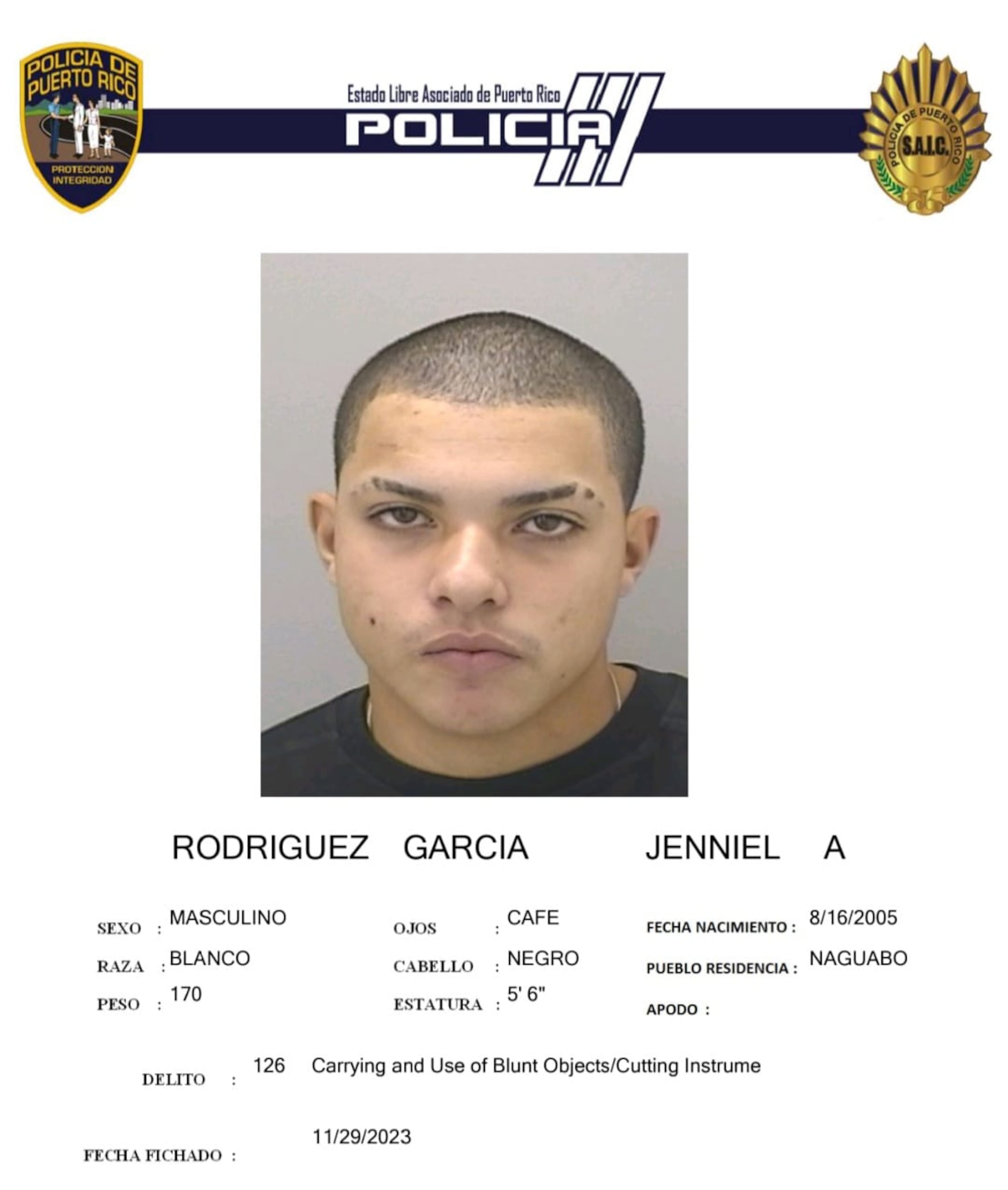 Jenniel A. Rodríguez García, de 18 años, fue capturado en un motel de Naguabo, donde se ocultaba tras ser acusado en ausencia por el crimen de su pareja de vecinos envejecientes.