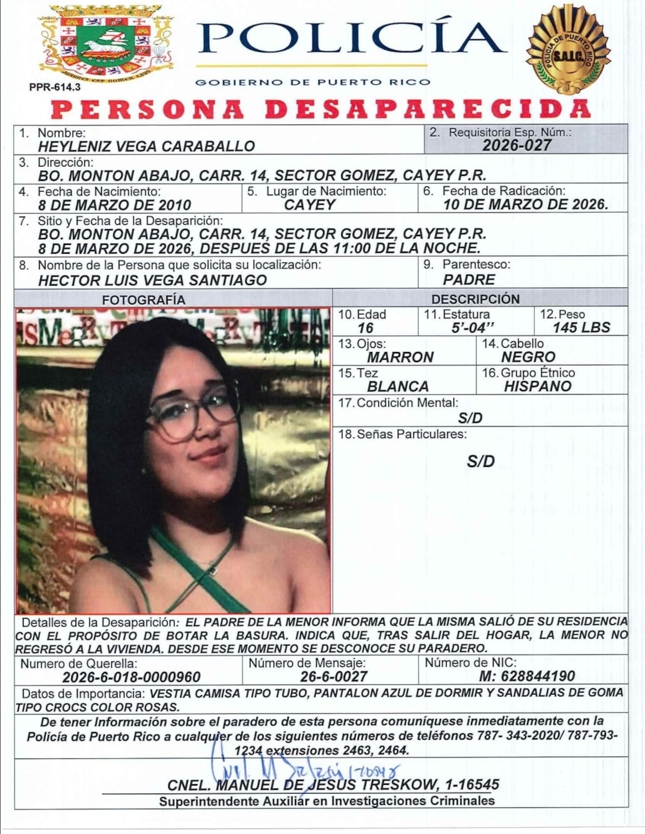 Heyleniz Vega Caraballo, de 16 años, fue vista por última vez en la noche del 8 de marzo, en el sector Gómez del barrio Montón Abajo, en Cayey.