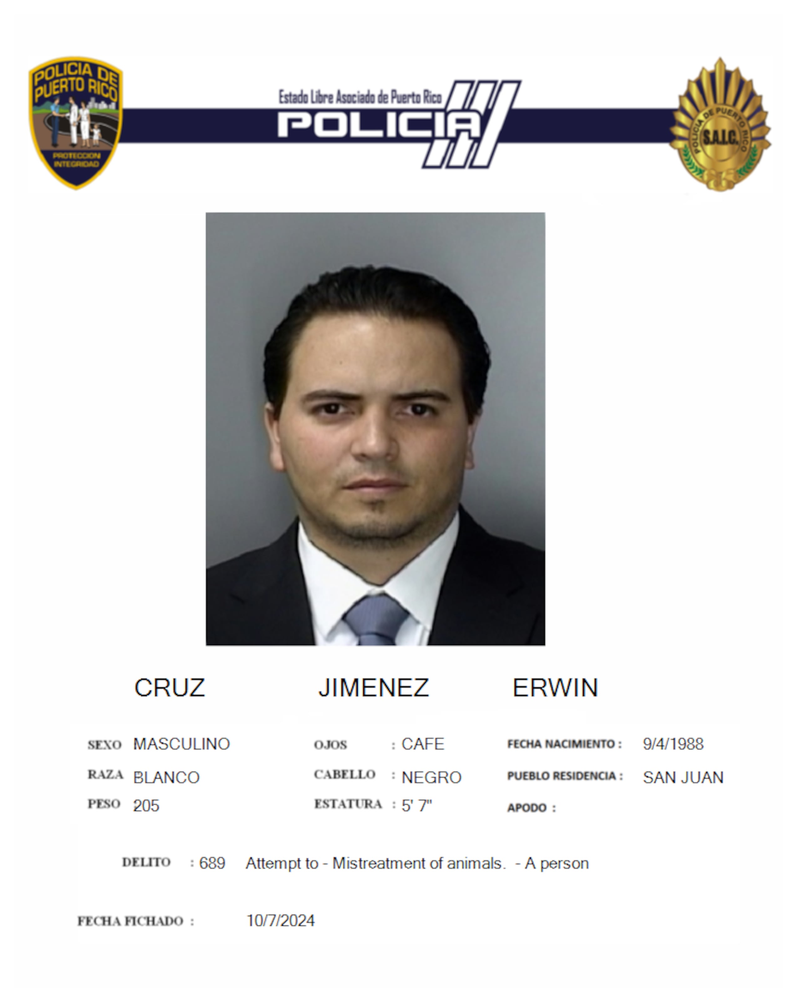 La División de Delitos Económicos del Departamento de Justicia presentó cargos contra Erwin Cruz Jiménez, de 36 años, quien se hizo pasar por veterinario y ocasionó la muerte de varios animales en Carolina.