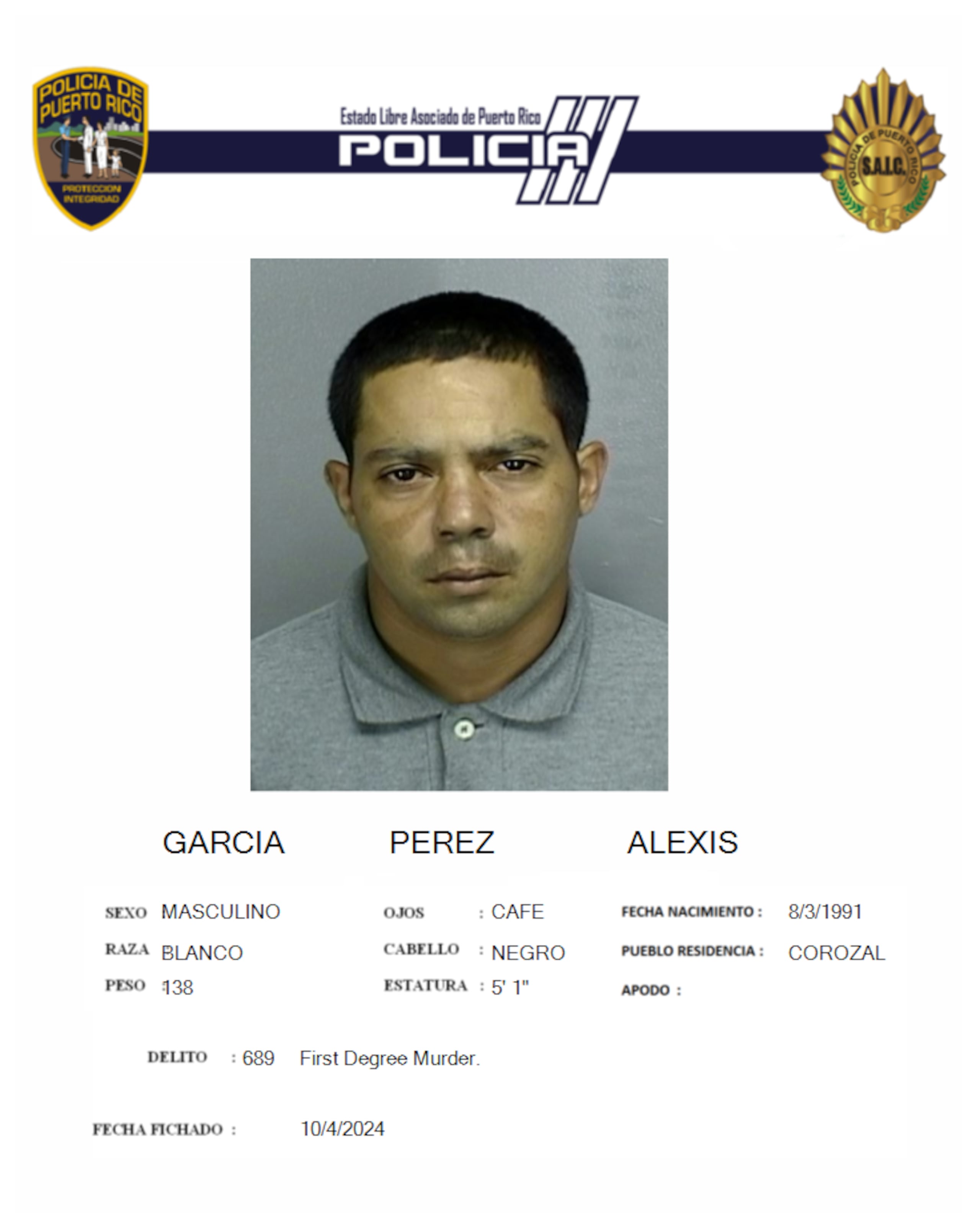 Alexis García Pérez, enfrenta cargos por asesinato en primer grado y violación a la Ley de Armas, por un crimen ocurrido en Corozal.