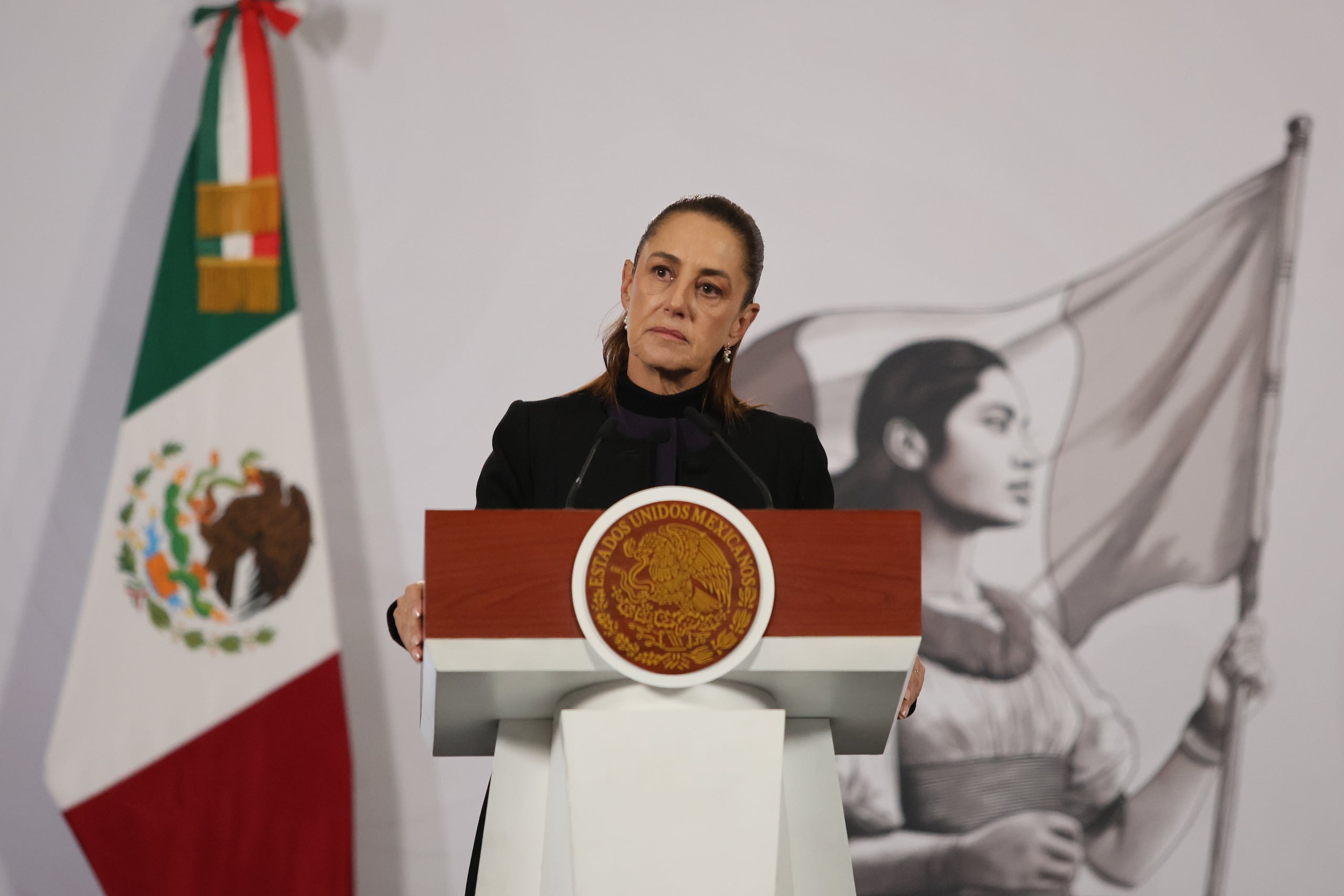 La presidenta mexicana Claudia Sheinbaum en conferencia de prensa en el palacio nacional en Ciudad de México, el 23 de febrero del 2026. (AP foto/Ginnette Riquelme)