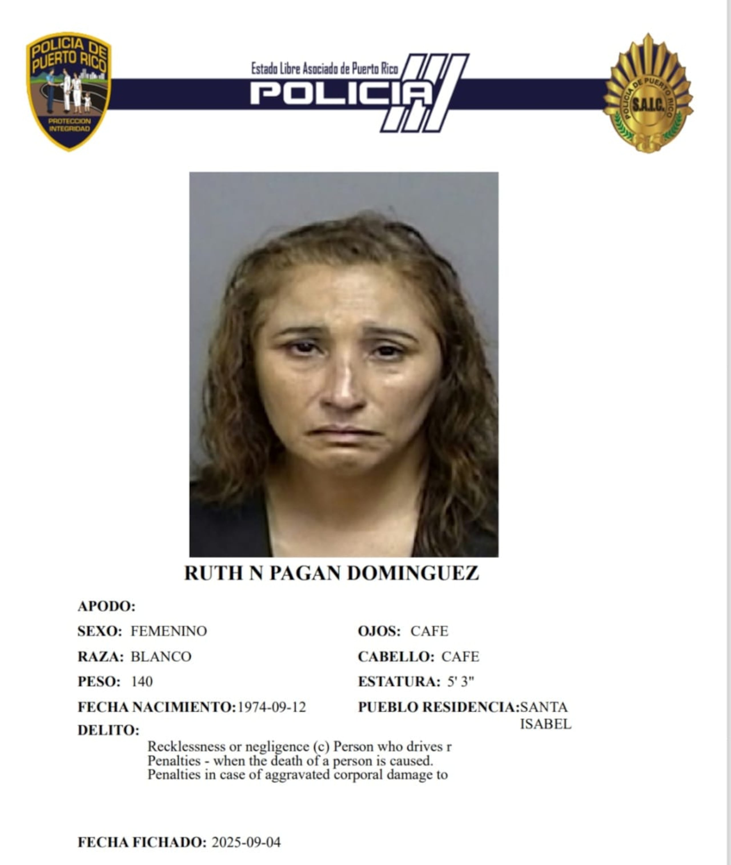Ruth N. Pagán Domínguez, fue acusada por ocasionar un accidente de tránsito de carácter fatal en la autopista de Salinas.