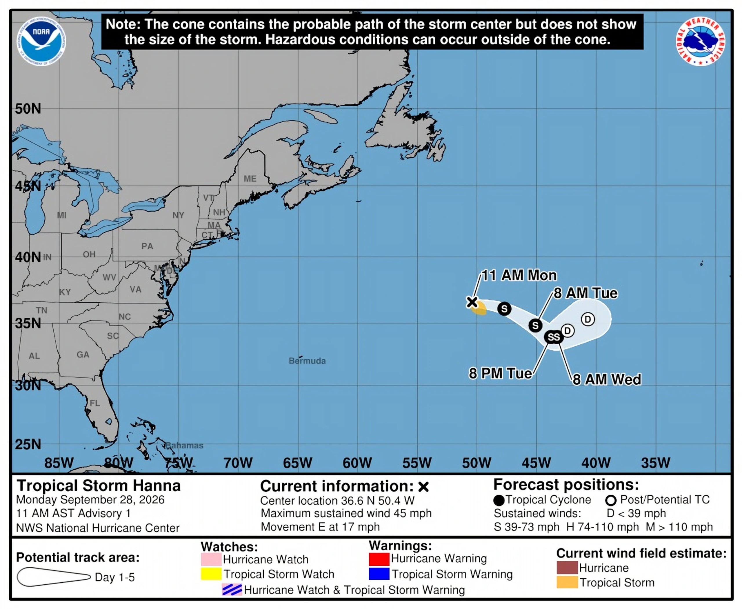 Imagen cedida este 28 de septiembre por la Oficina Nacional de Administración Oceánica y Atmosférica (NOAA), a través del Centro Nacional de Huracanes (NHC) de EE.UU., donde se observa el pronóstico de tres días del recorrido de la tormenta tropical Hanna en el Atlántico.
SOLO USO EDITORIAL / NO VENTAS / CRÉDITO OBLIGATORIO