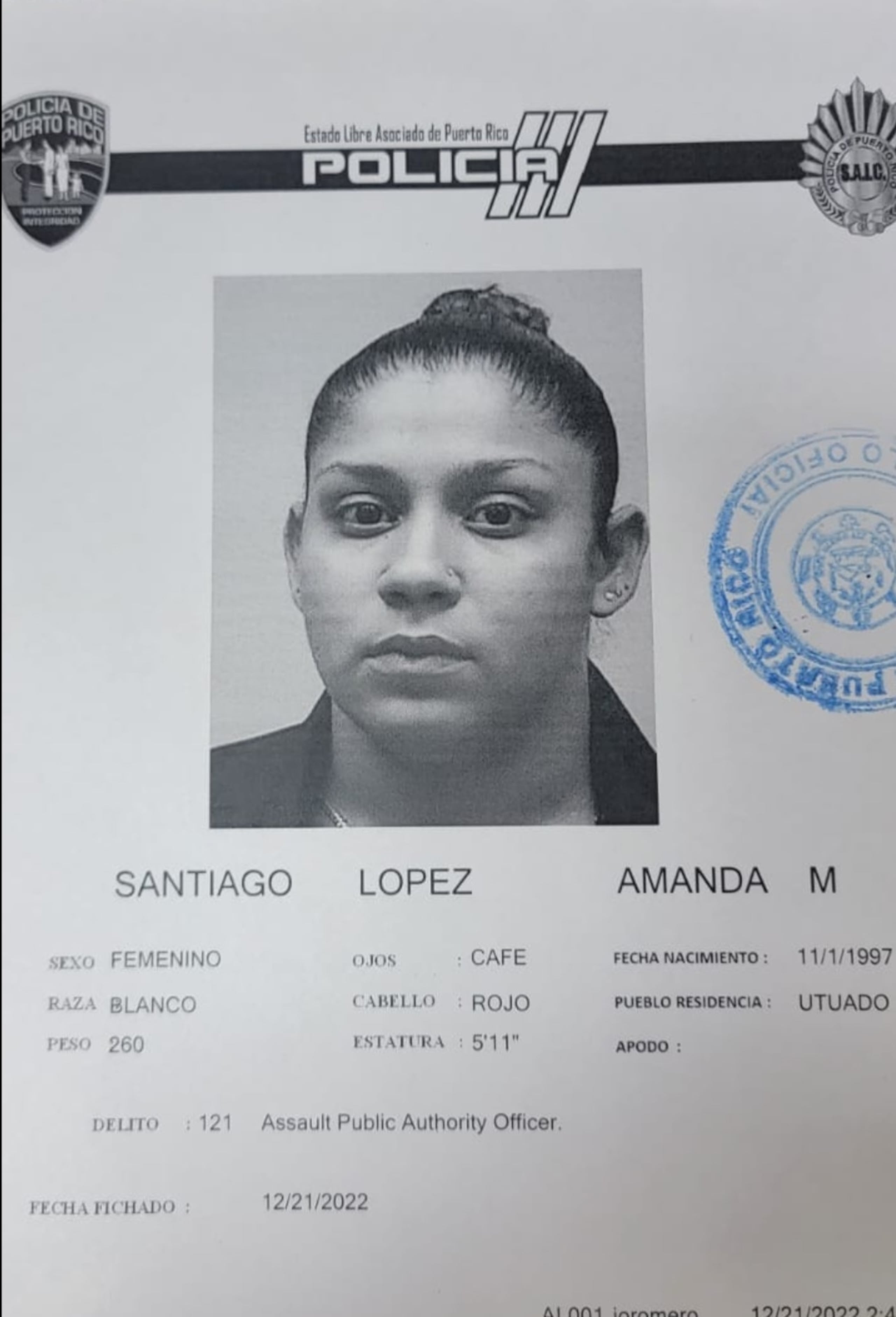 Ficha policíaca de Amanda Marie Santiago López.