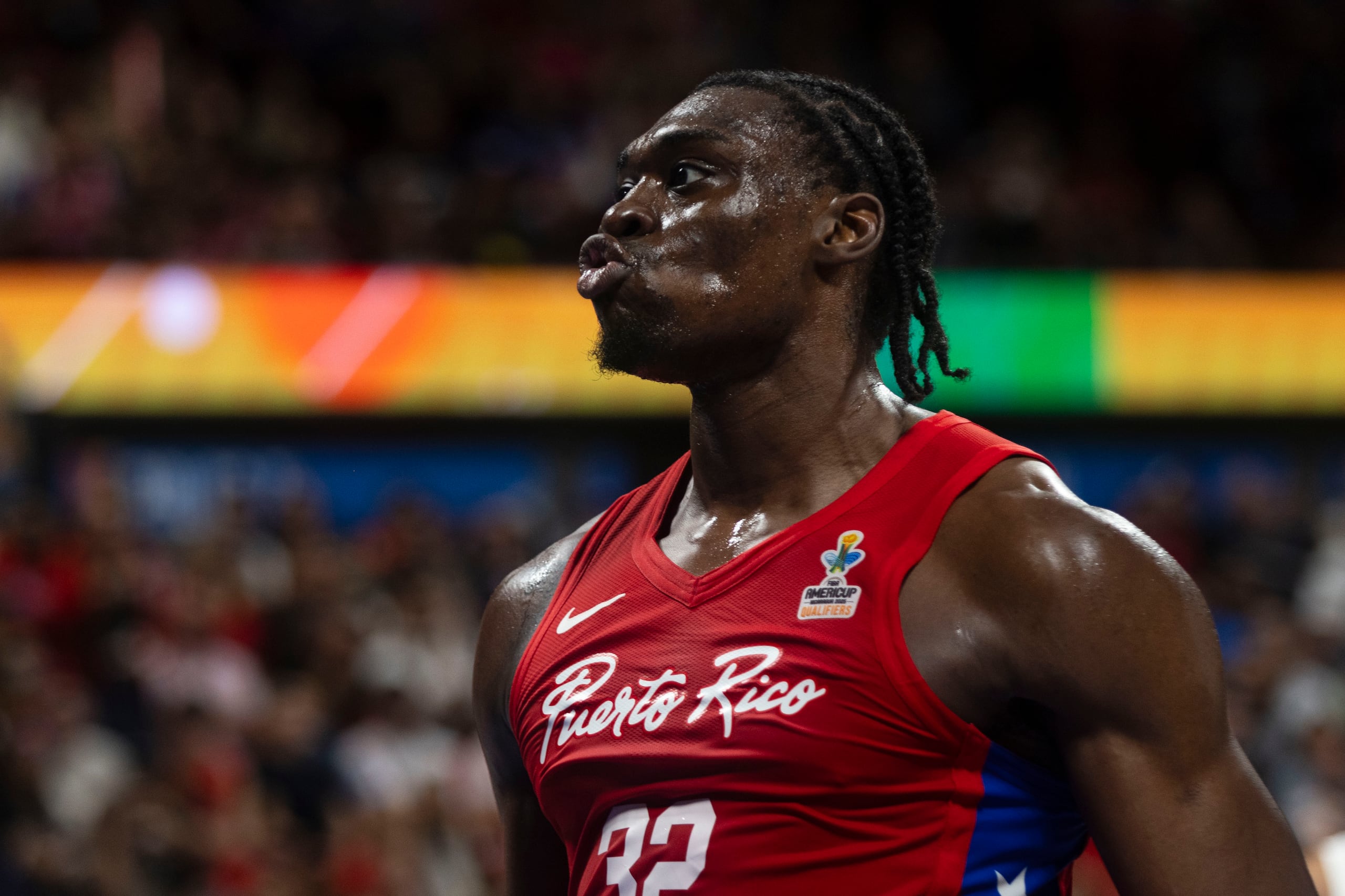 Tai Odiase durante su debut con el Equipo Nacional en la tercera y última ventana clasificatoria al AmeriCup 2025.