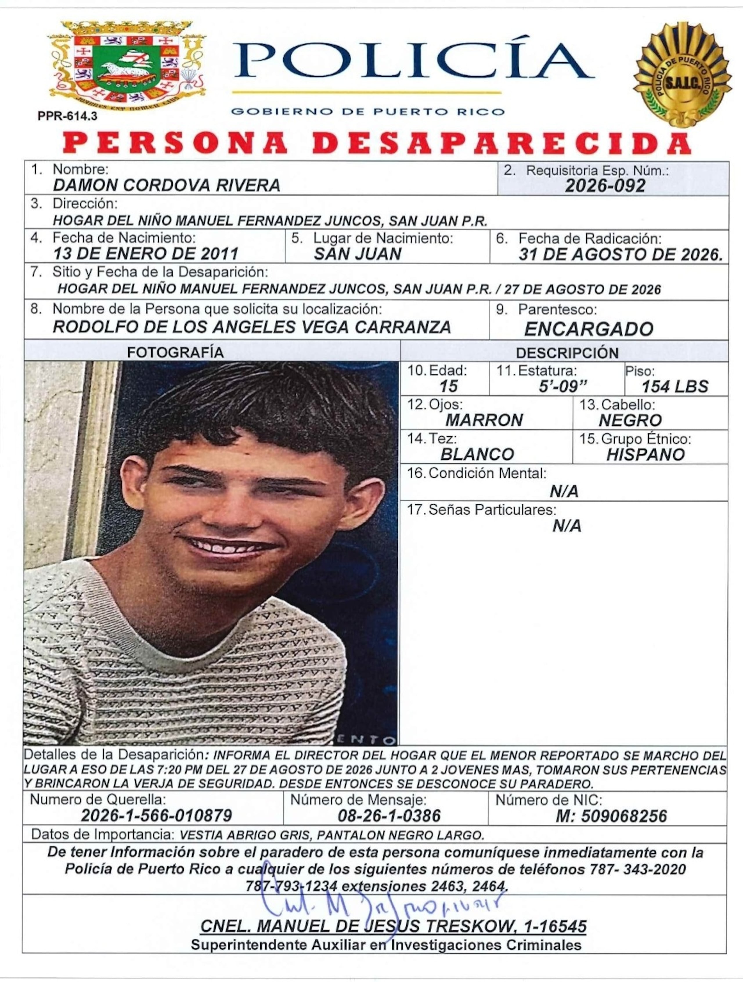 Requisitoria de persona desaparecida correspondiente a Damon Córdova Rivera, de 15 años.
