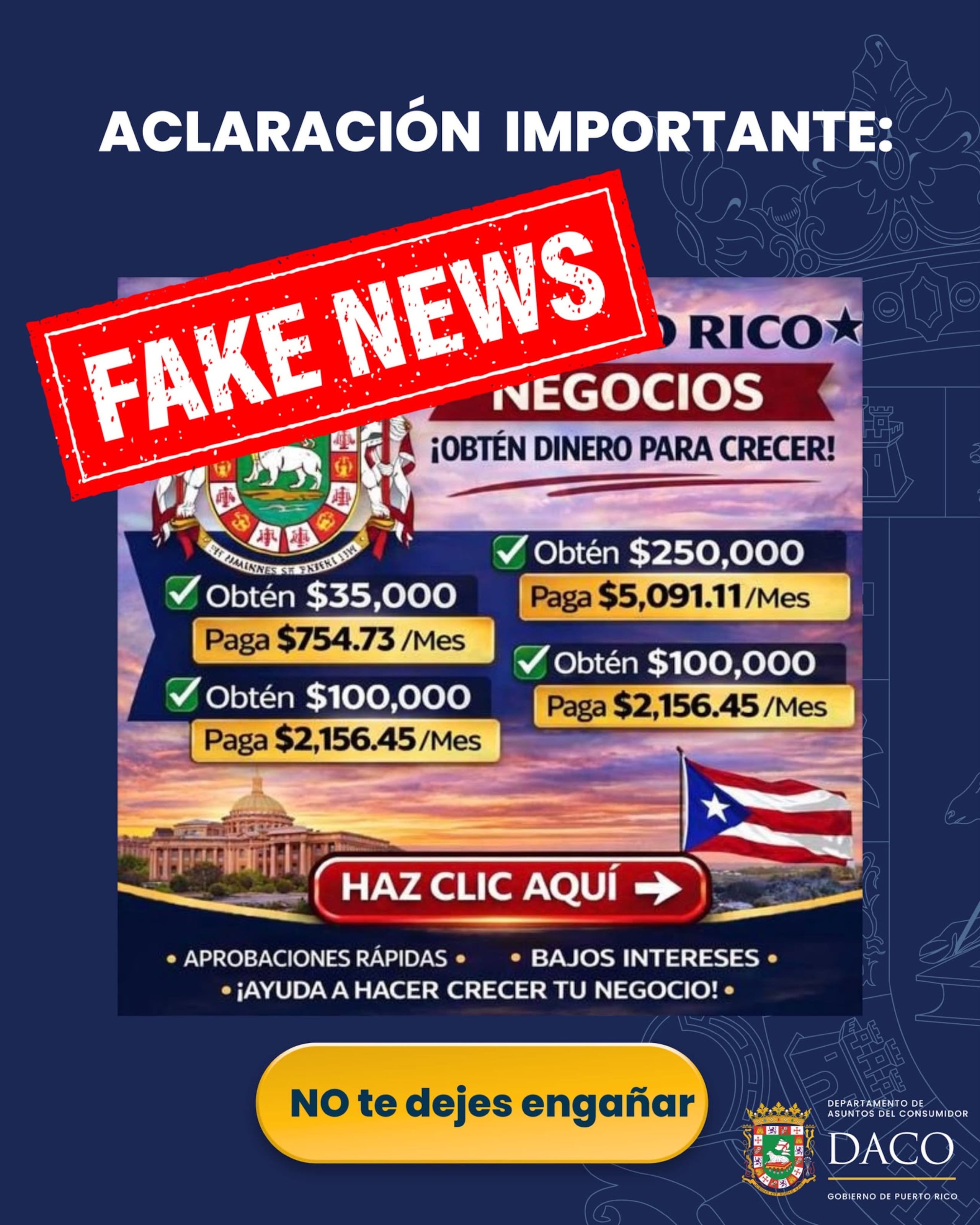 Los estafadores utilizan imágenes oficiales, logotipos gubernamentales y mensajes de urgencia para generar confianza y lograr que las personas entreguen datos personales, financieros o comerciales, los cuales luego podrían ser usados para fraude o robo de identidad.