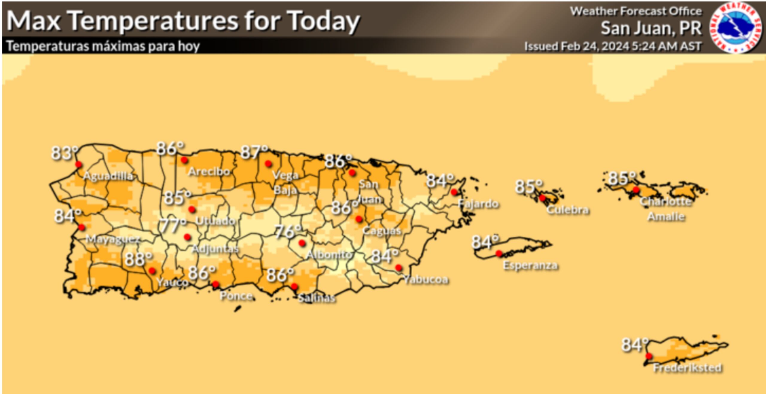 Gráfica de las temperaturas máximas auguradas para este sábado, 24 de febrero.